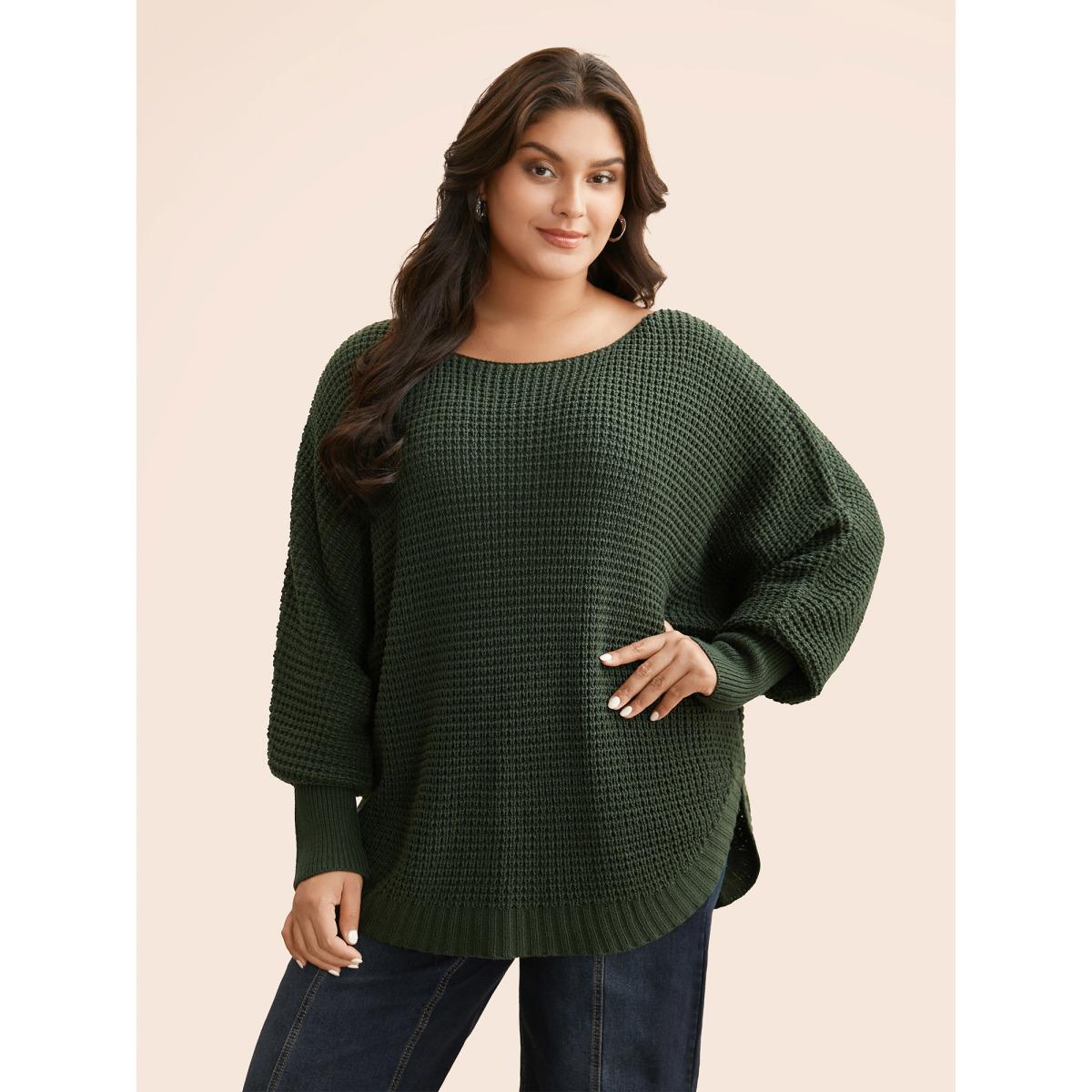 Plus Size Texture Boat Neck Dolman Sleeve Pullover ArmyGreen Women Casual Loose Long Sleeve Boat Neck Everyday Pullovers BloomChic 26/4X Product Image