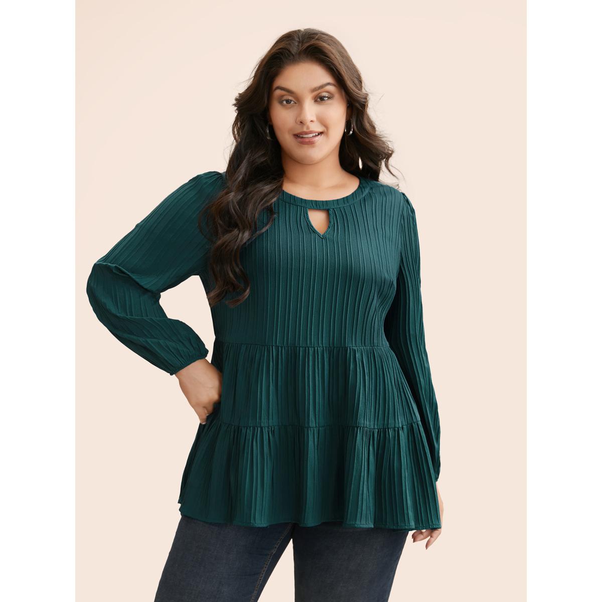 Plus Size Cyan Textured Keyhole Pocket Lantern Sleeve Blouse Women Elegant Long Sleeve Flat collar Everyday Blouses BloomChic 14-16/1X Product Image