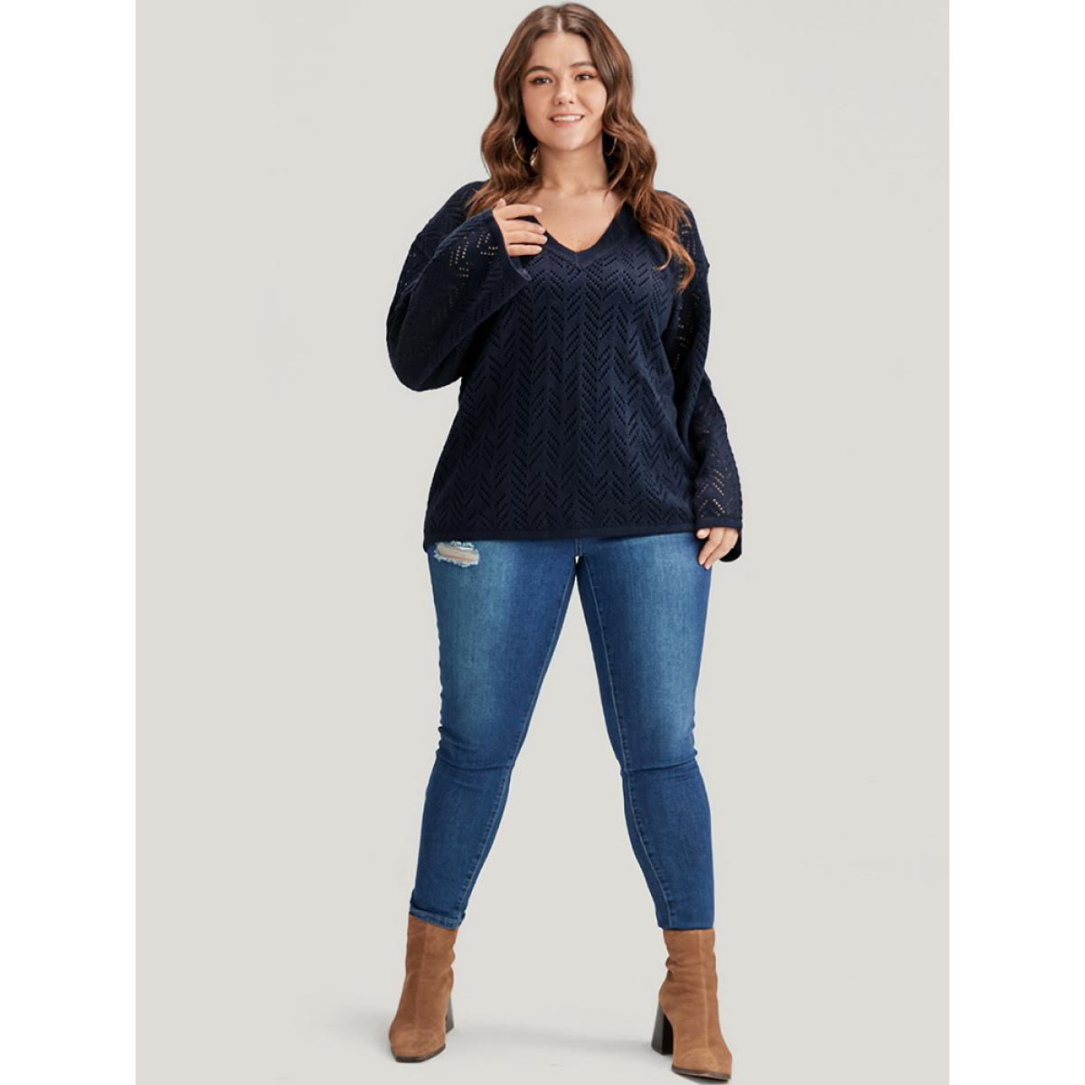 Plus Size Geometric Pointelle Knit V Neck Eyelet Knit Top Indigo Women Casual Loose Long Sleeve V-neck Dailywear Pullovers BloomChic 28/5X Product Image