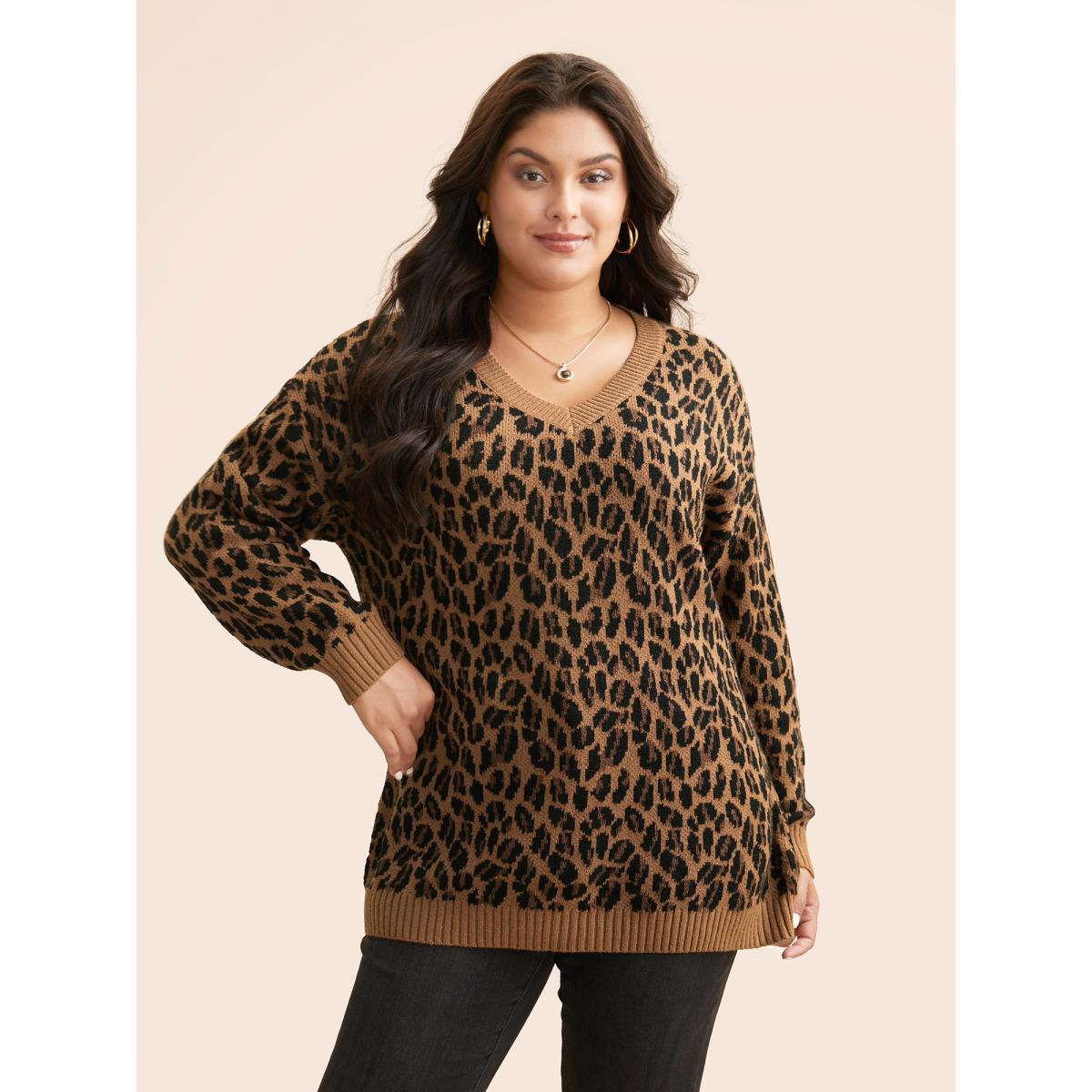 Plus Size V Neck Leopard Print Jacquard Pullover Yellowishbrown Women Casual Loose Long Sleeve V-neck Everyday Pullovers BloomChic 18-20/2X Product Image