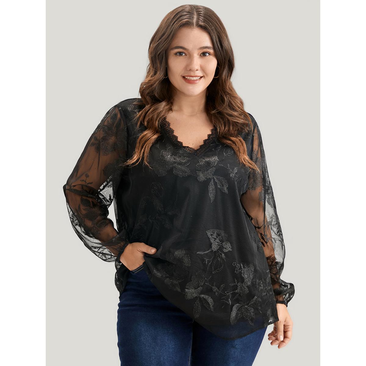 Plus Size Black Floral Lace Mesh Lantern Sleeve Blouse Women Glamour Long Sleeve V-neck Going out Blouses BloomChic 18-20/2X Product Image