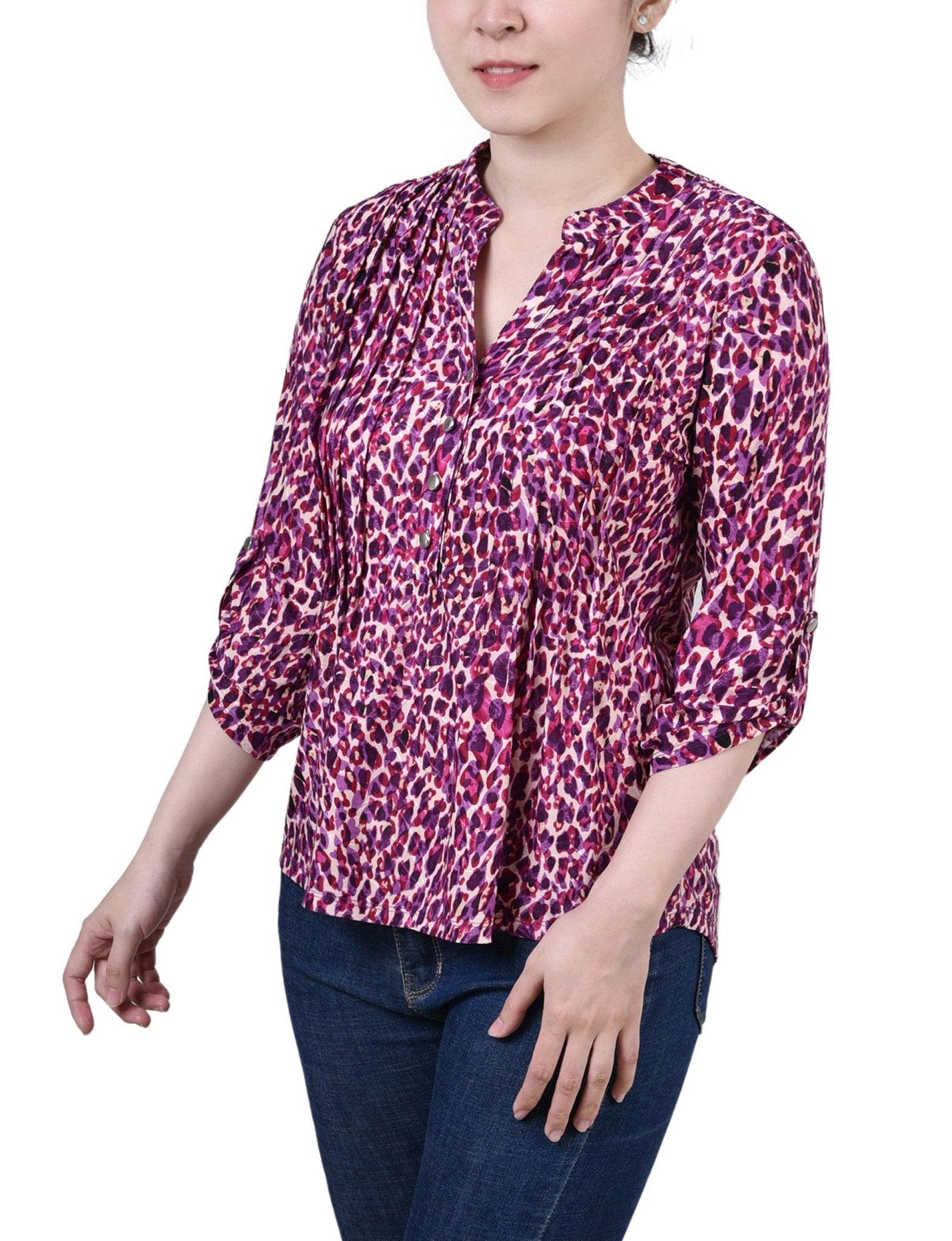 Plum Leopard 3/4 Sleeve Roll Tab Y Neck Top - Petite Product Image