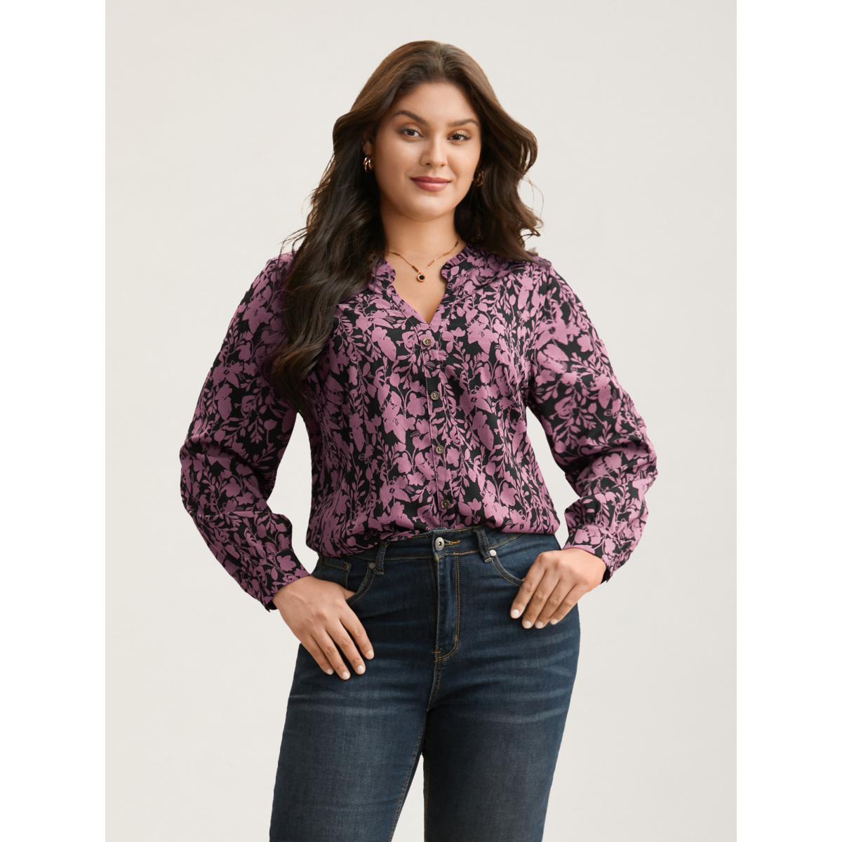 Plus Size BlackFlower Silhouette Floral Print Notched Frill Trim Blouse Women Elegant Long Sleeve Notched collar Everyday Blouses BloomChic 14-16/1X Product Image