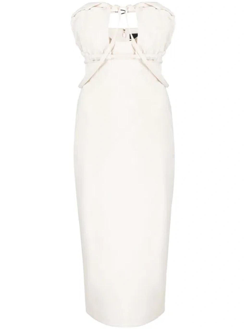 JACQUEMUS Strapless Ruffled Cutout Twill Midi Dress In White Product Image