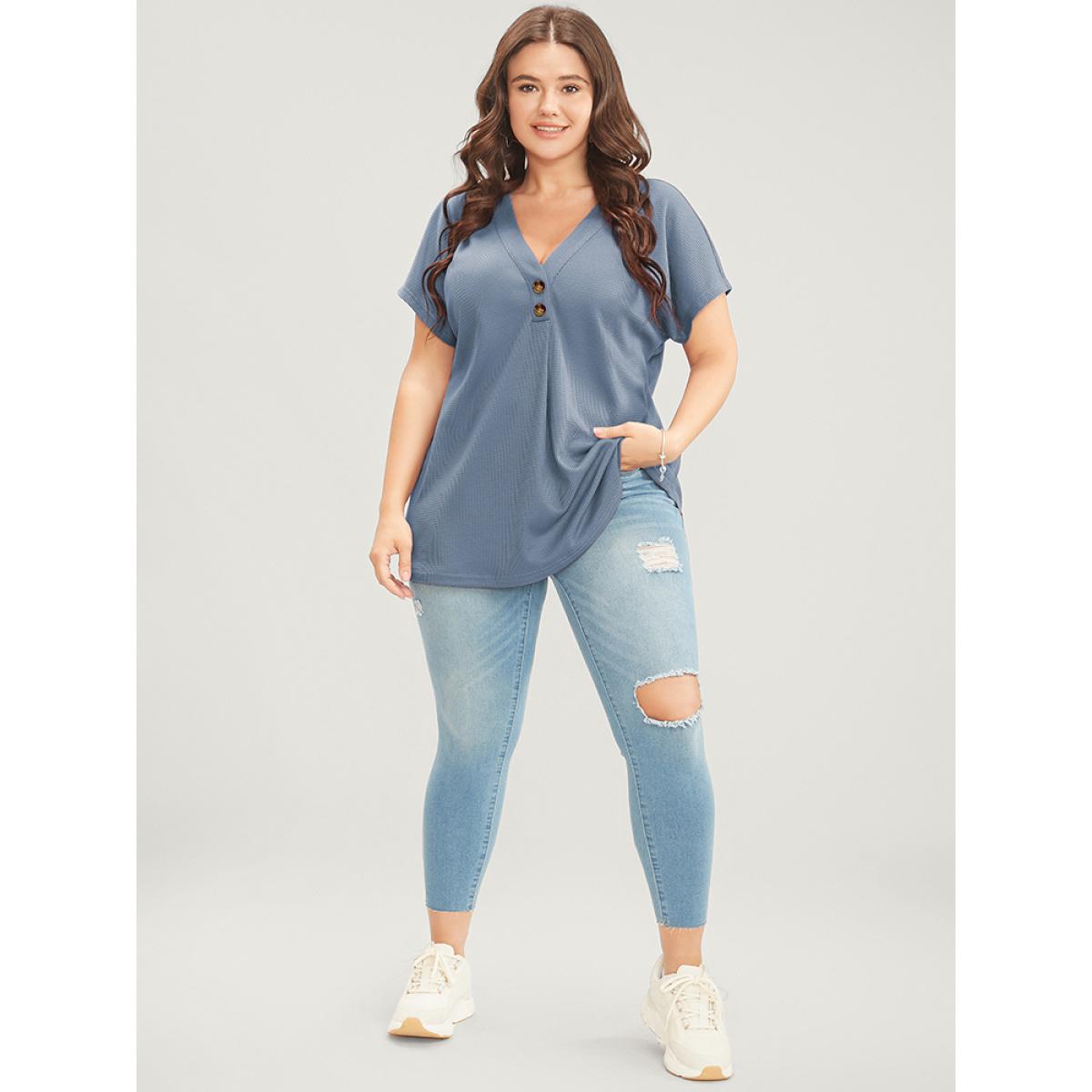 Plus Size Solid Dolman Sleeve Button Detail Waffle Knit T-shirt Stone Women Casual Button Plain V-neck Dailywear T-shirts BloomChic 26/4X Product Image