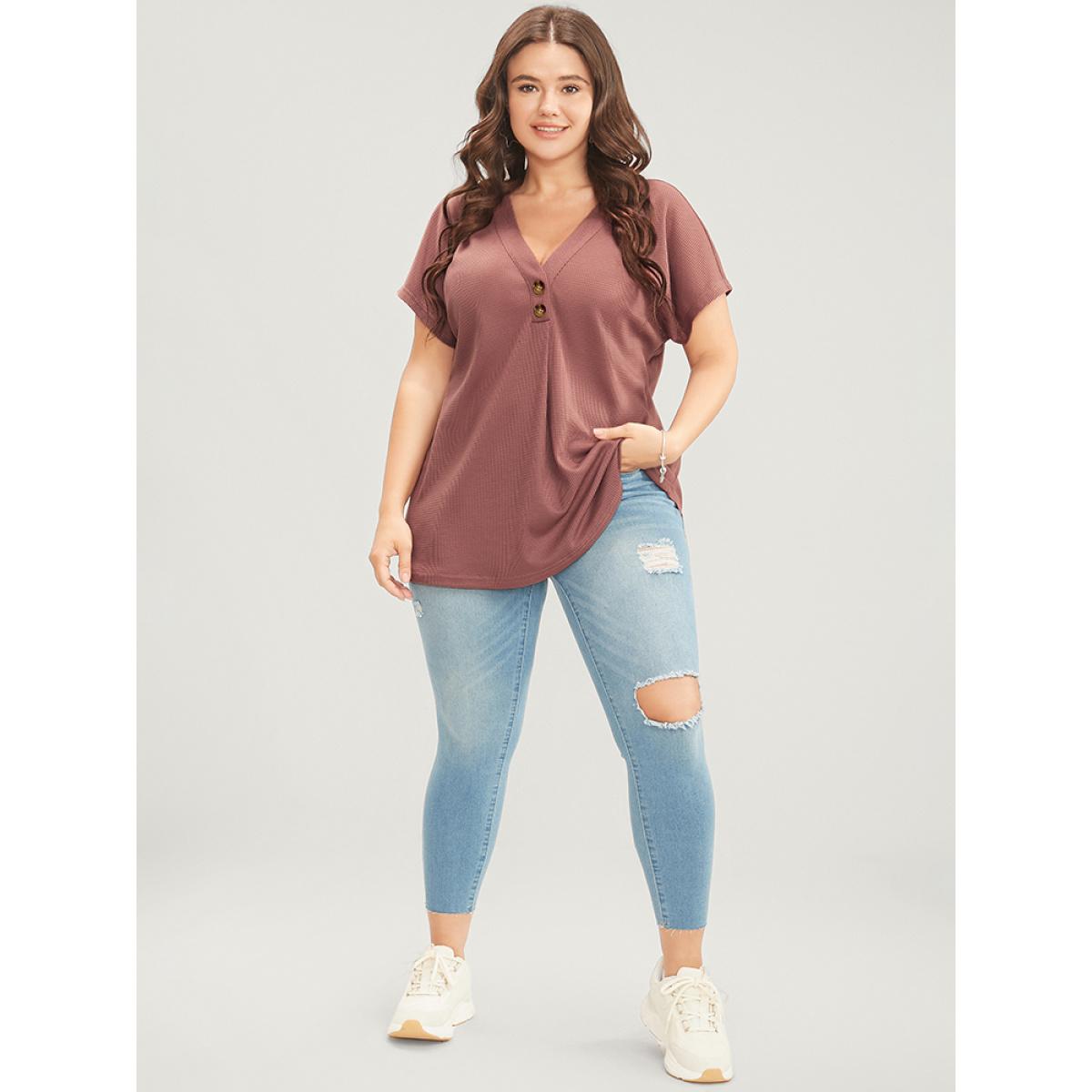 Plus Size Solid Dolman Sleeve Button Detail Waffle Knit T-shirt DustyPink Women Casual Button Plain V-neck Dailywear T-shirts BloomChic 30/6X Product Image