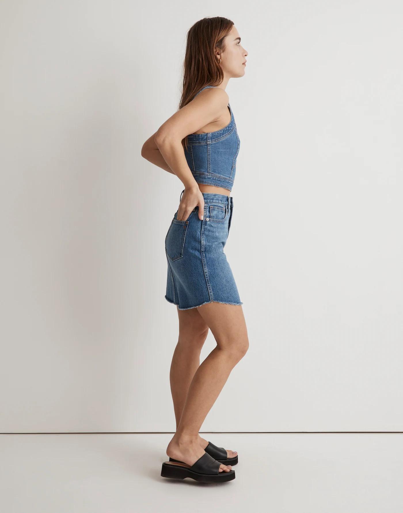 Denim Dolphin-Hem Mini Skirt in Harwell Wash Product Image