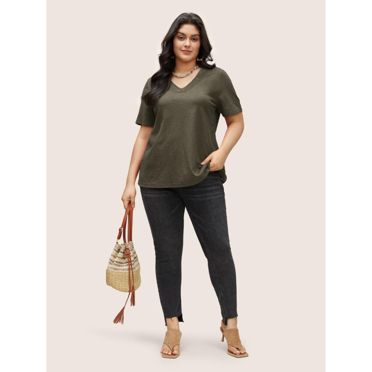 Plus Size Plain V Neck Lace Panel T-shirt ArmyGreen Women Elegant Non Plain V-neck Everyday T-shirts BloomChic 22-24/3X Product Image