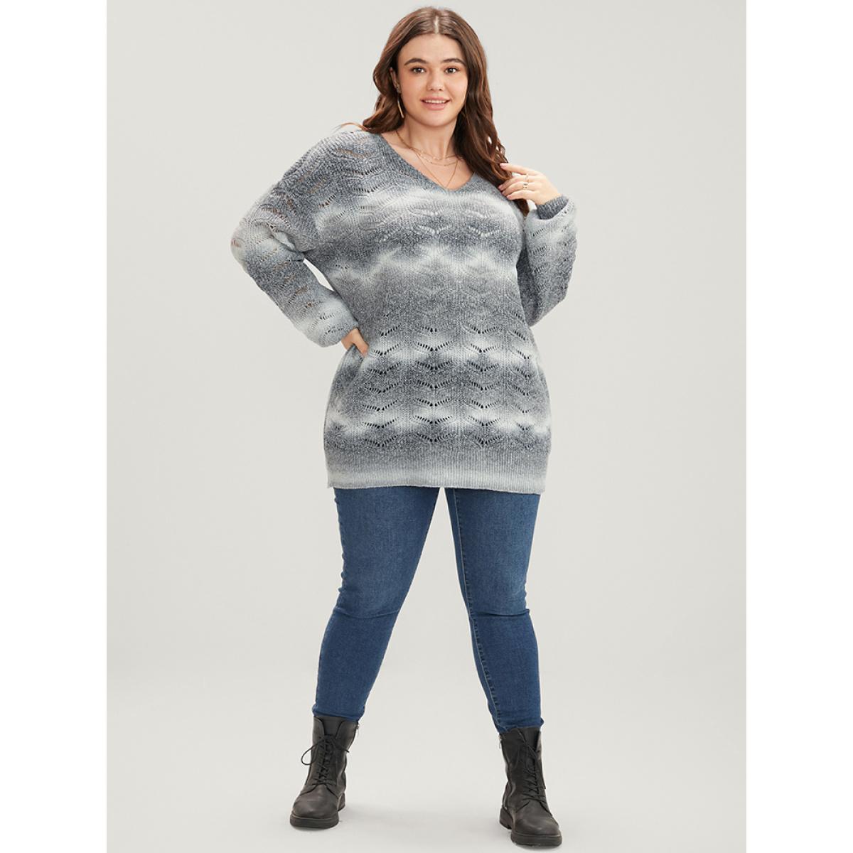 Plus Size Ombre Spacedye Knit Eyelet V Neck Heather Knit Top Multicolor Women Casual Loose Long Sleeve V-neck Dailywear Pullovers BloomChic 30/6X Product Image