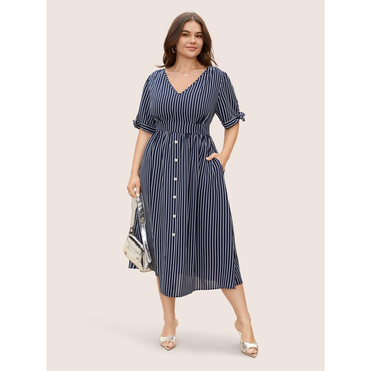 Plus Size Striped Knot Sleeve Button Detail Dress Midnight Women At the Office Tie knot V-neck Short sleeve Curvy BloomChic 26/4X Product Image