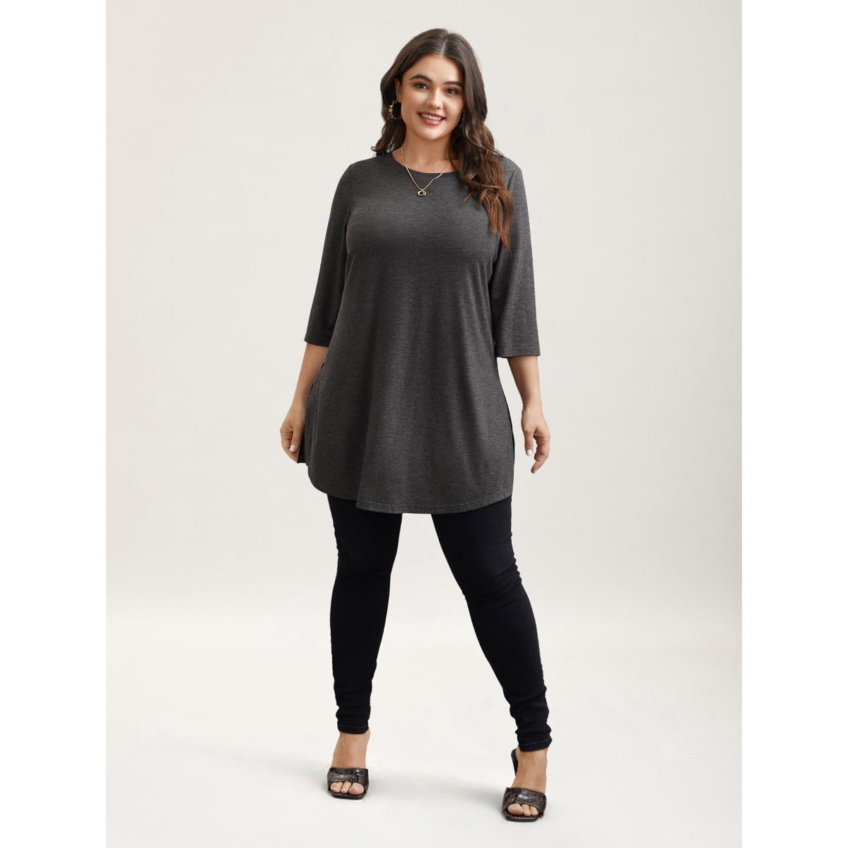 Plus Size Solid Slit Round Neck Tunic T-Shirt DimGray Women Leisure Slit Round Neck Loose Casual T-shirts BloomChic 22-24/3X Product Image