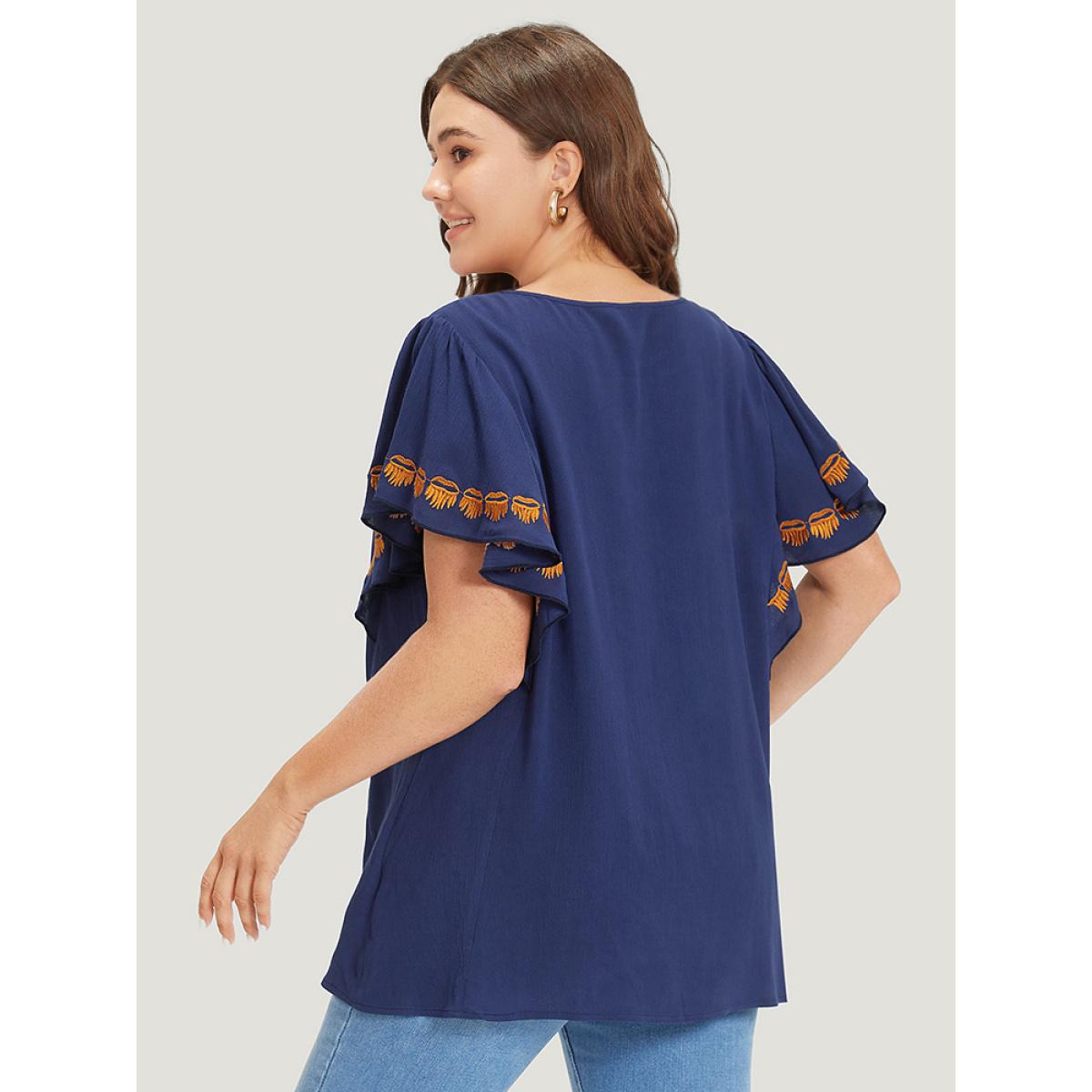 Plus Size Indigo Contrast Embroidered Ruffle Trim Crew Neck Blouse Women Elegant Short sleeve Round Neck Dailywear Blouses BloomChic 14-16/1X Product Image