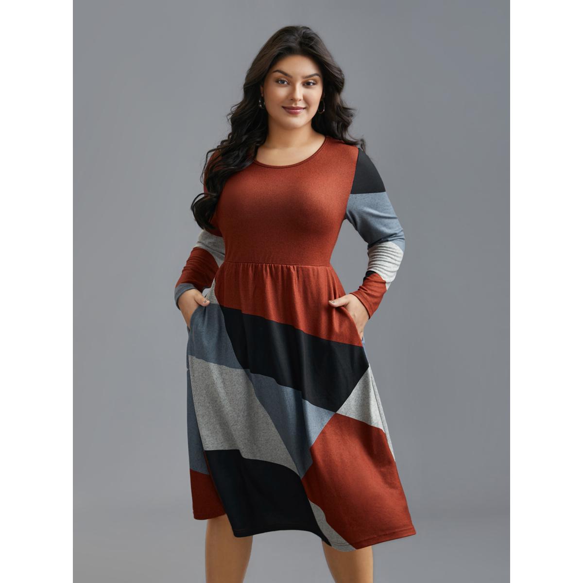 Plus Size Round Neck Geometric Colorblock Contrast Dress Multicolor Women Casual Contrast Knit Dresses Bloomchic 30/6X Product Image