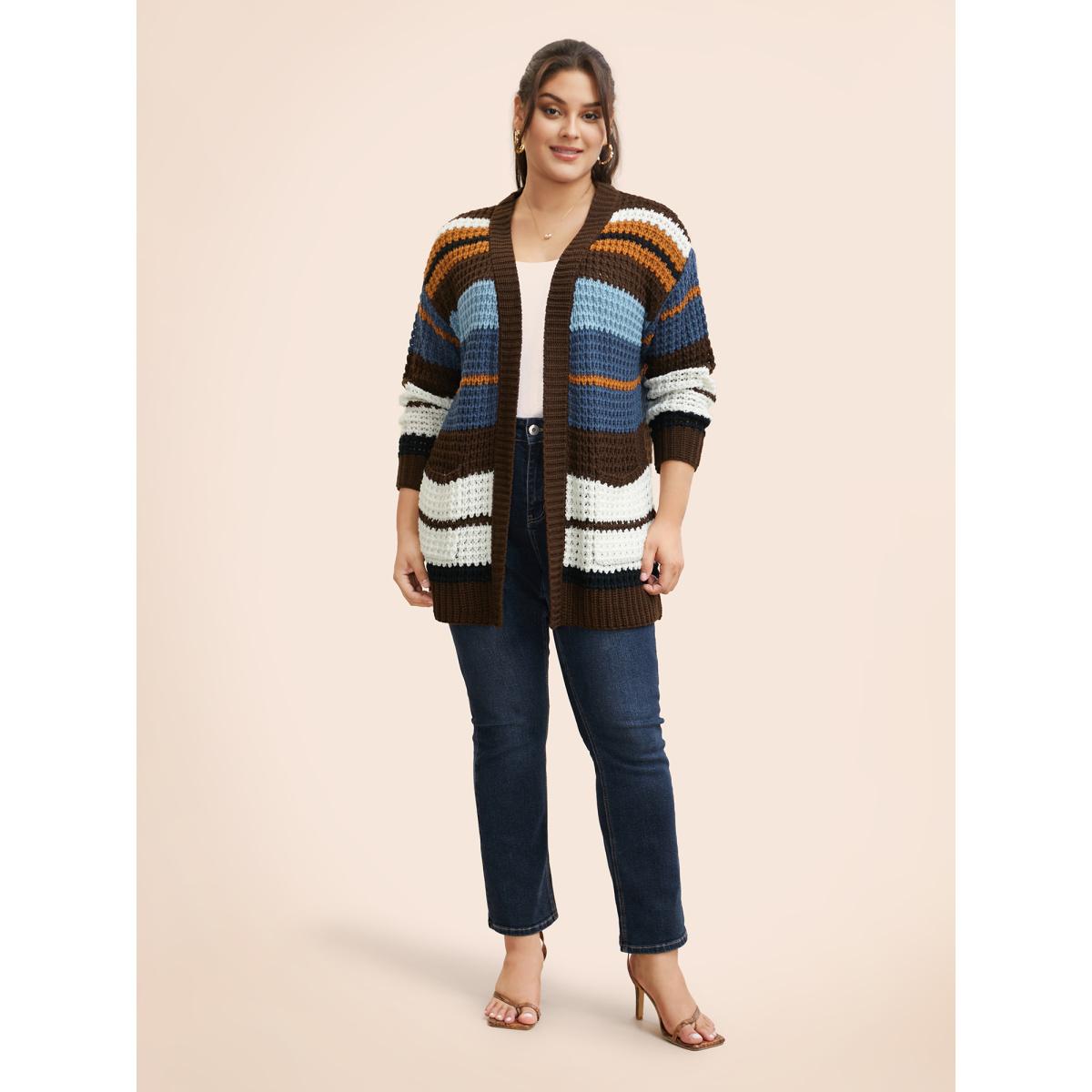 Plus Size Colorblock Contrast Patched Pocket Cardigan DarkBrown Women Casual Loose Long Sleeve Everyday Cardigans BloomChic 26/4X Product Image