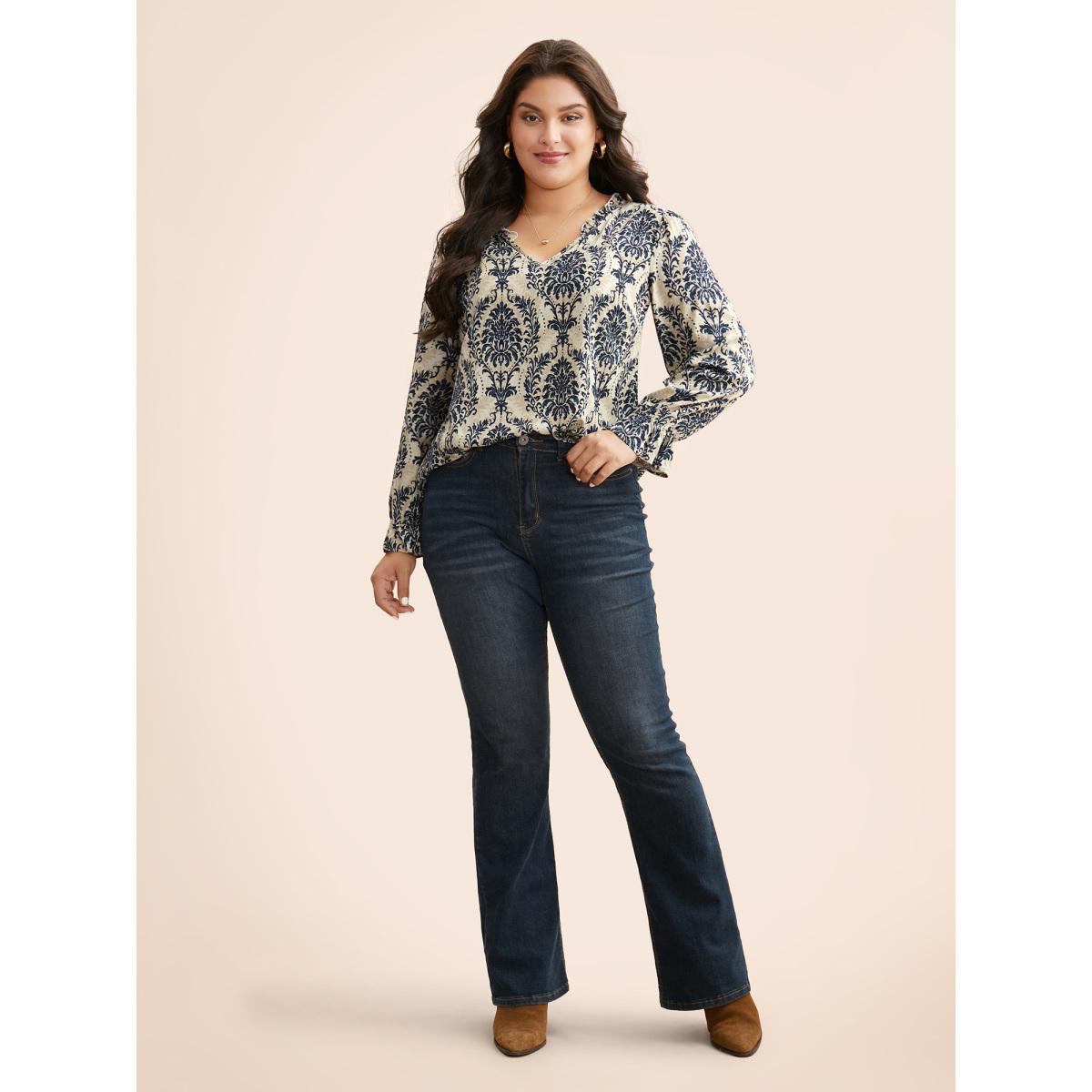 Plus Size Multicolor Boho Print Frill Trim Slit Hem Blouse Women Elegant Long Sleeve Notched collar Everyday Blouses BloomChic 10/M Product Image