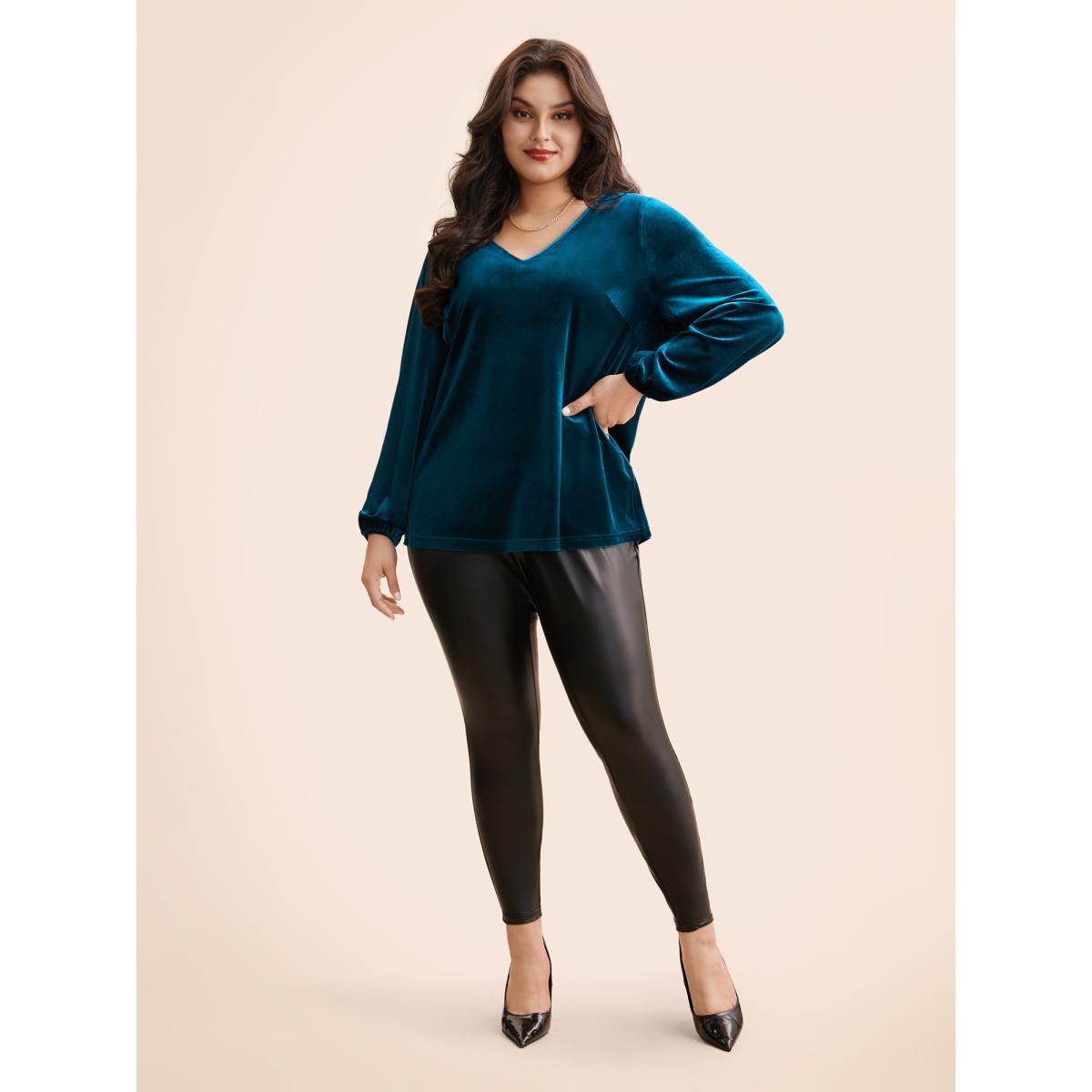 Plus Size Aegean V Neck Velvet Lantern Sleeve Blouse Women Elegant Long Sleeve V-neck Everyday Blouses BloomChic 14-16/1X Product Image