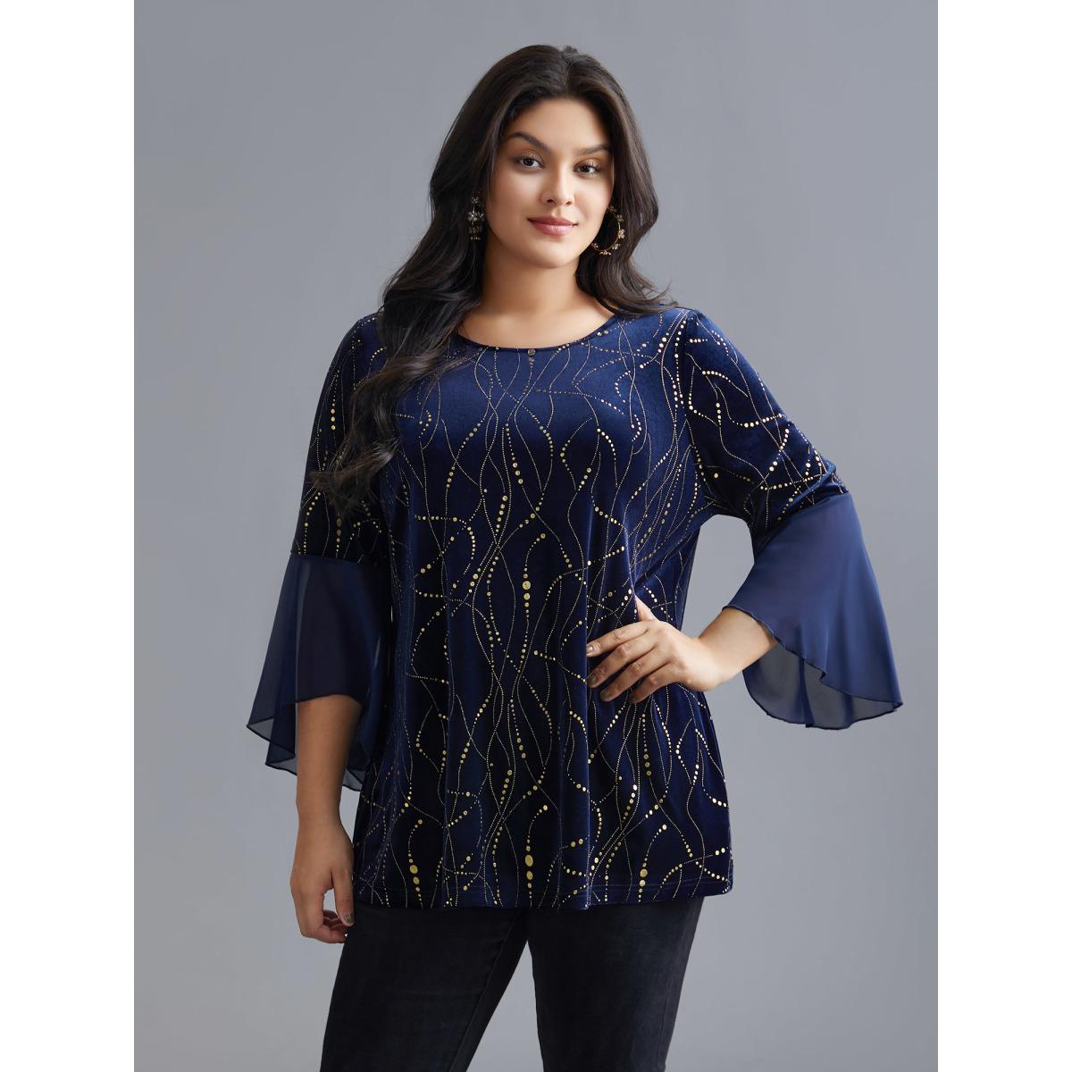 Plus Size Indigo Velvet Glitter Mesh Bell Sleeve Patchwork Blouse Women Cocktail Elbow-length sleeve Round Neck Party Blouses BloomChic 12/L Product Image