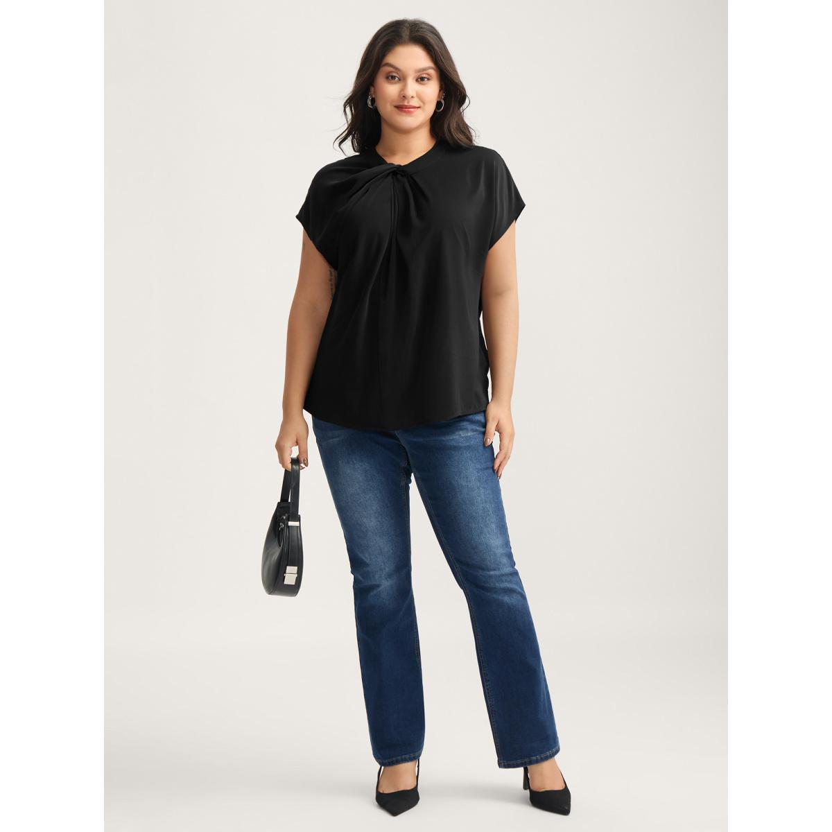 Plus Size Black Solid Twist Neck Slit Blouse Women Cap Sleeve Asymmetrical Neck Work Blouses BloomChic 26/4X Product Image