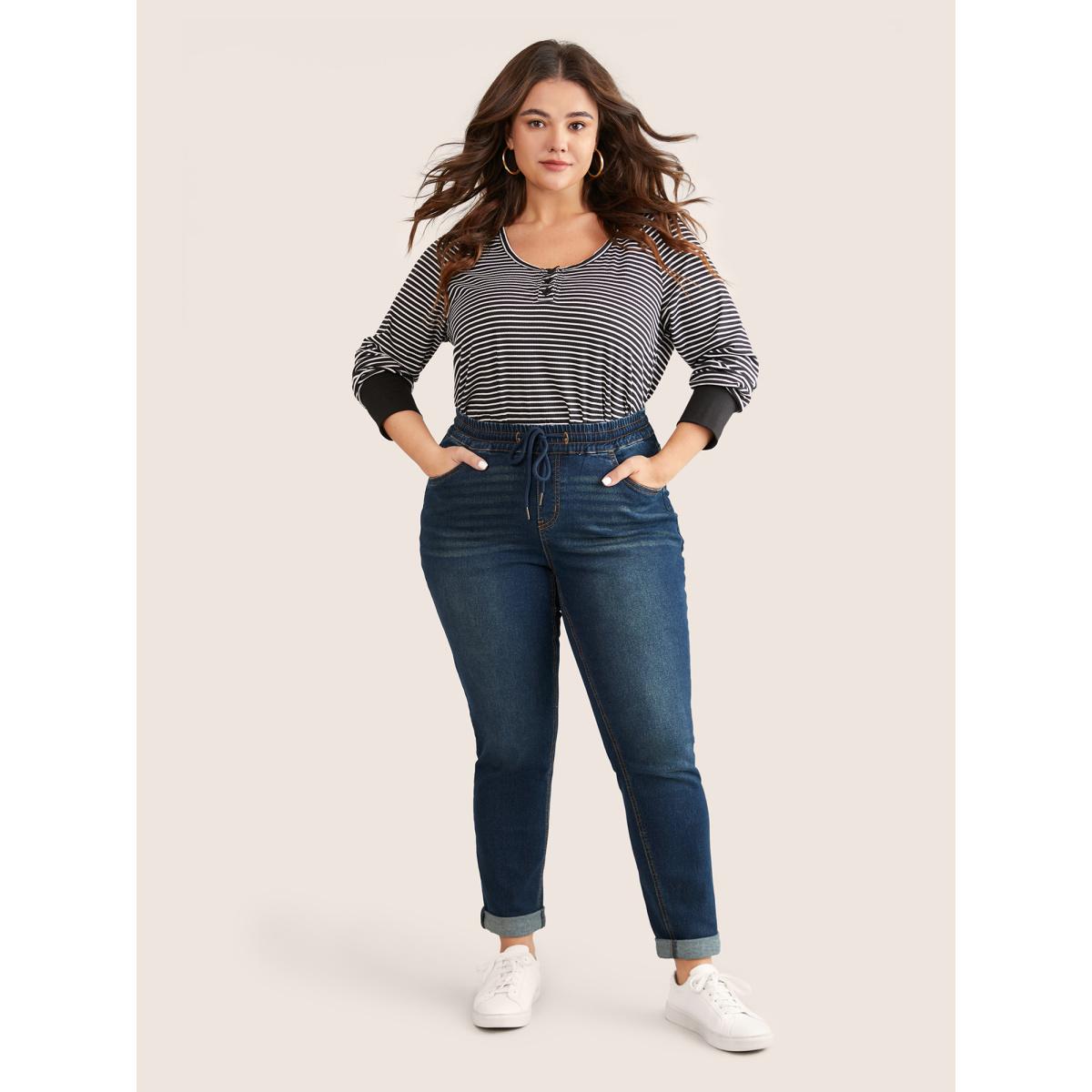 Plus Size Drawstring Elastic Waist Straight Leg Jeans Women Indigo Casual Plain Non High stretch Slanted pocket Jeans BloomChic 22/3X Product Image