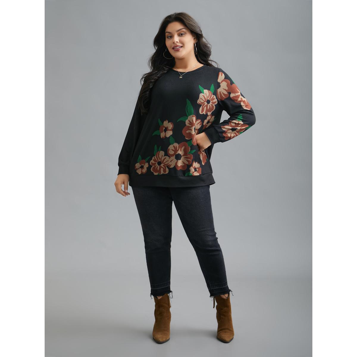 Plus Size Round Neck Floral Print Fitted Sweatshirt Women Black Casual Non Round Neck Everyday Sweatshirts BloomChic 30/6X Product Image