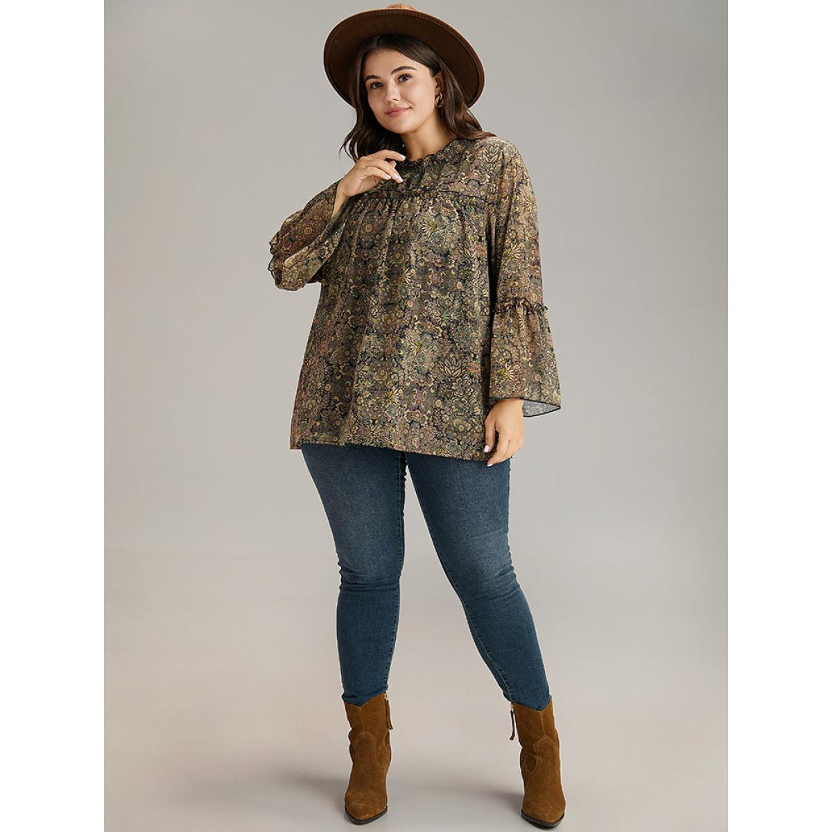 Plus Size Bronze Bandana Print Mesh Frill Trim Blouse Women Elegant Long Sleeve Round Neck Vacation Blouses BloomChic 30/6X Product Image