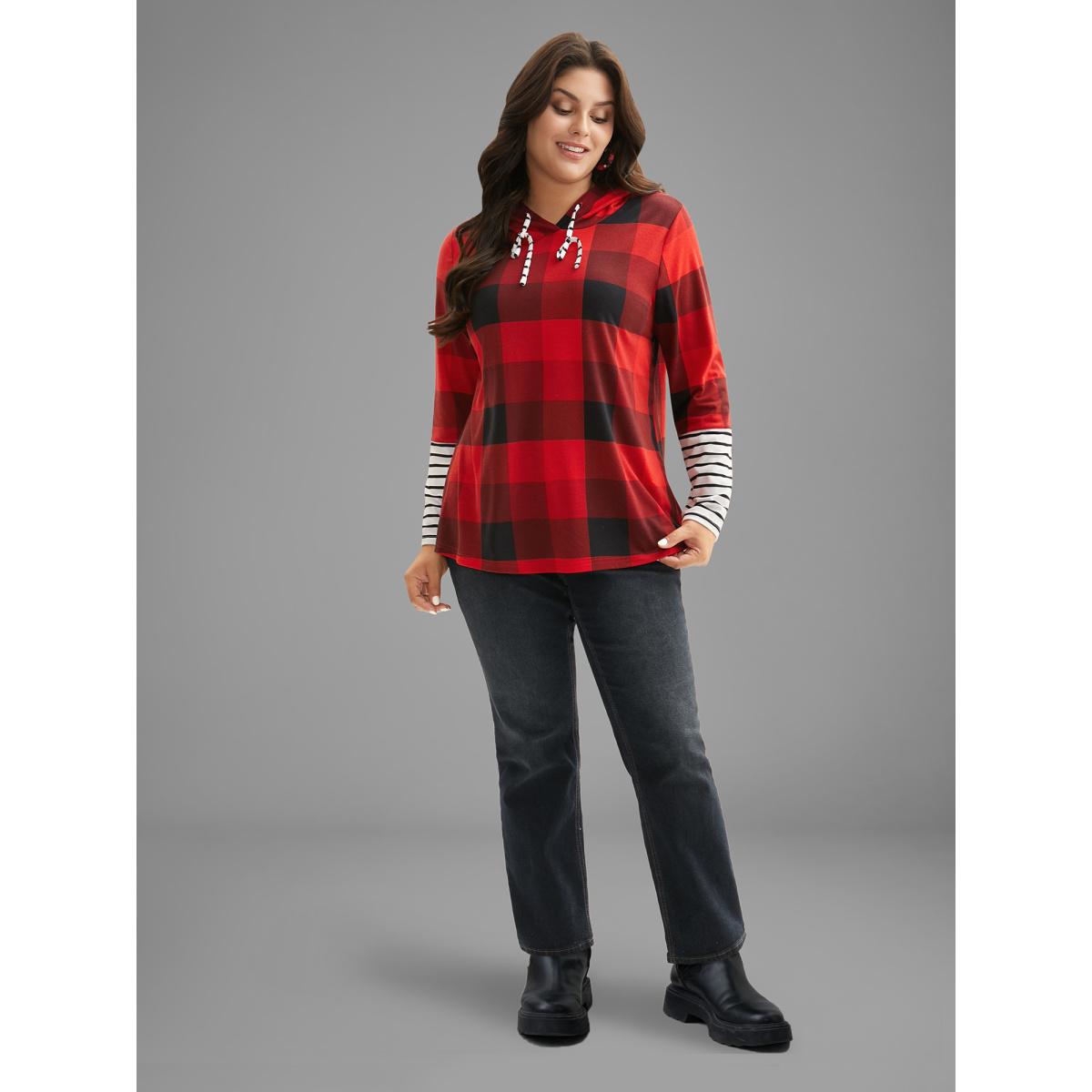 Plus Size Plaid Hooded Drawstring Straight Fit Tee Brightred Women Casual Contrast Hooded Everyday T-shirts BloomChic 10/M Product Image