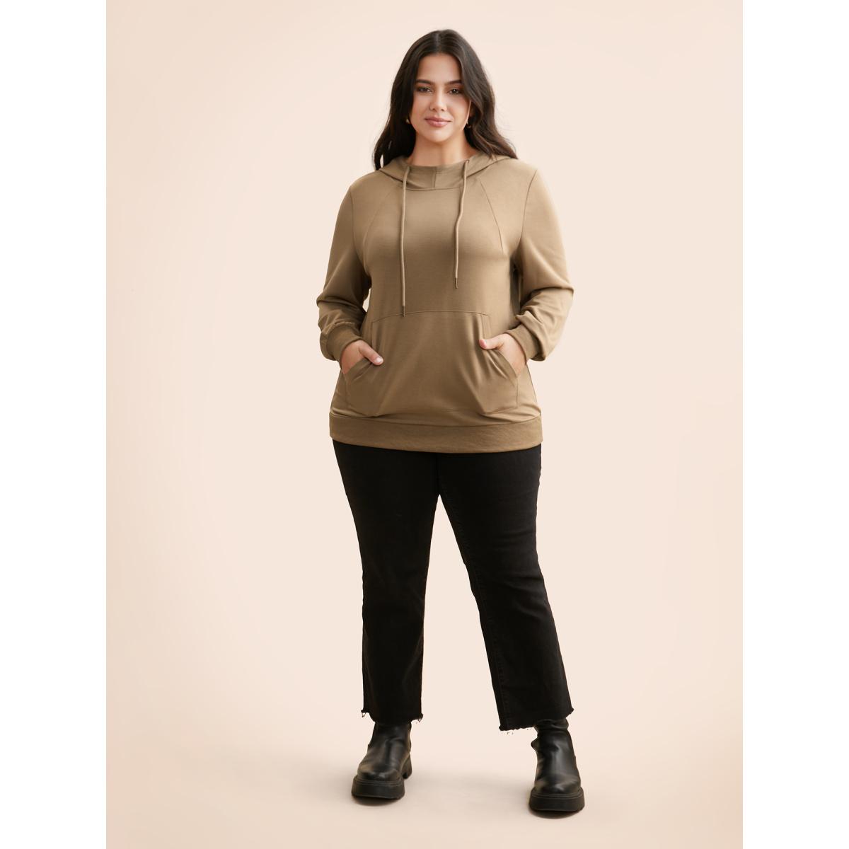 Plus Size Airy Cozy Hooded Sweatshirt Women Tan Casual Patchwork Hooded Everyday Sweatshirts BloomChic 18-20/2X Product Image