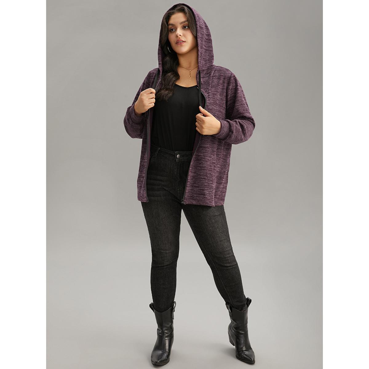 Plus Size Solid Heather Pocket Hooded Zipper Sweatshirt Women Purple Casual Heather Hooded Dailywear Sweatshirts BloomChic 18-20/2X Product Image