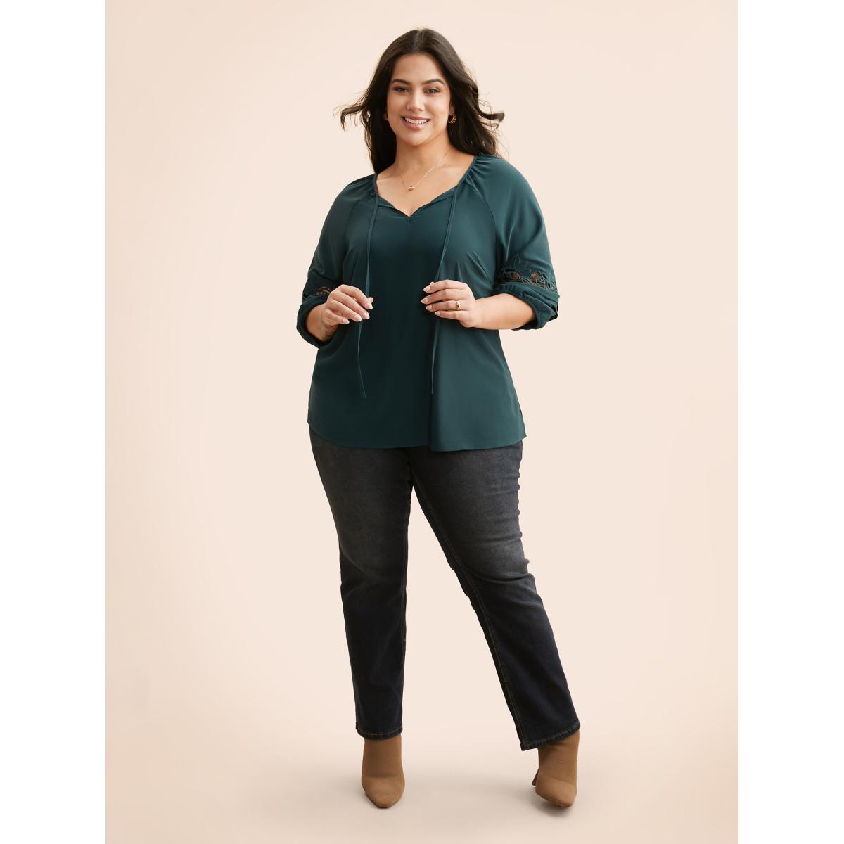 Plus Size DarkGreen Broderie Anglaise Gathered Tie Knot Blouse Women Elegant Elbow-length sleeve V-neck Everyday Blouses BloomChic 18-20/2X Product Image