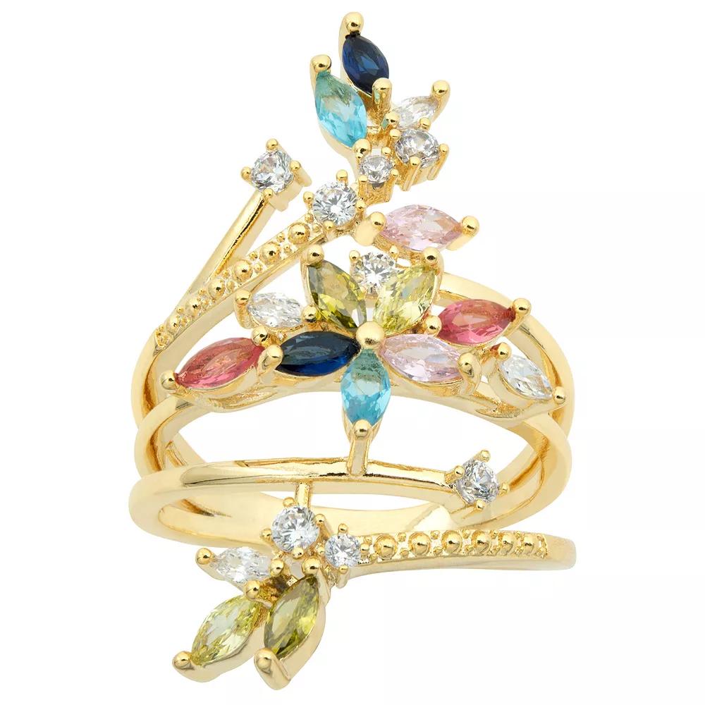 Brilliance Gold Tone Multicolor Crystal & Cubic Zirconia Flower Wrap Ring, Women's, Size: 7, Gold Tone Teamcolor Product Image