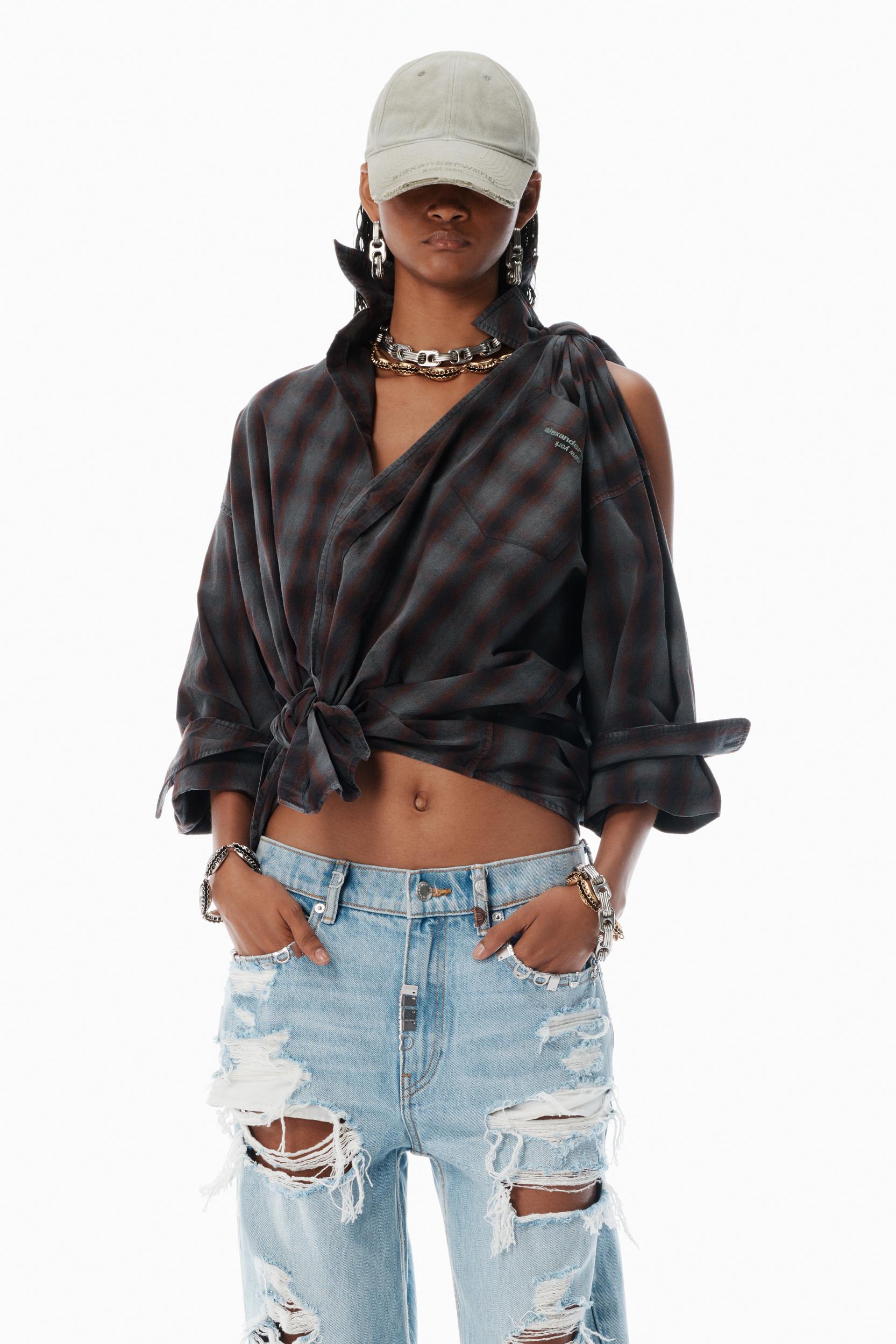 Red Plaid Asymmetric Button Up Shirt Product Image