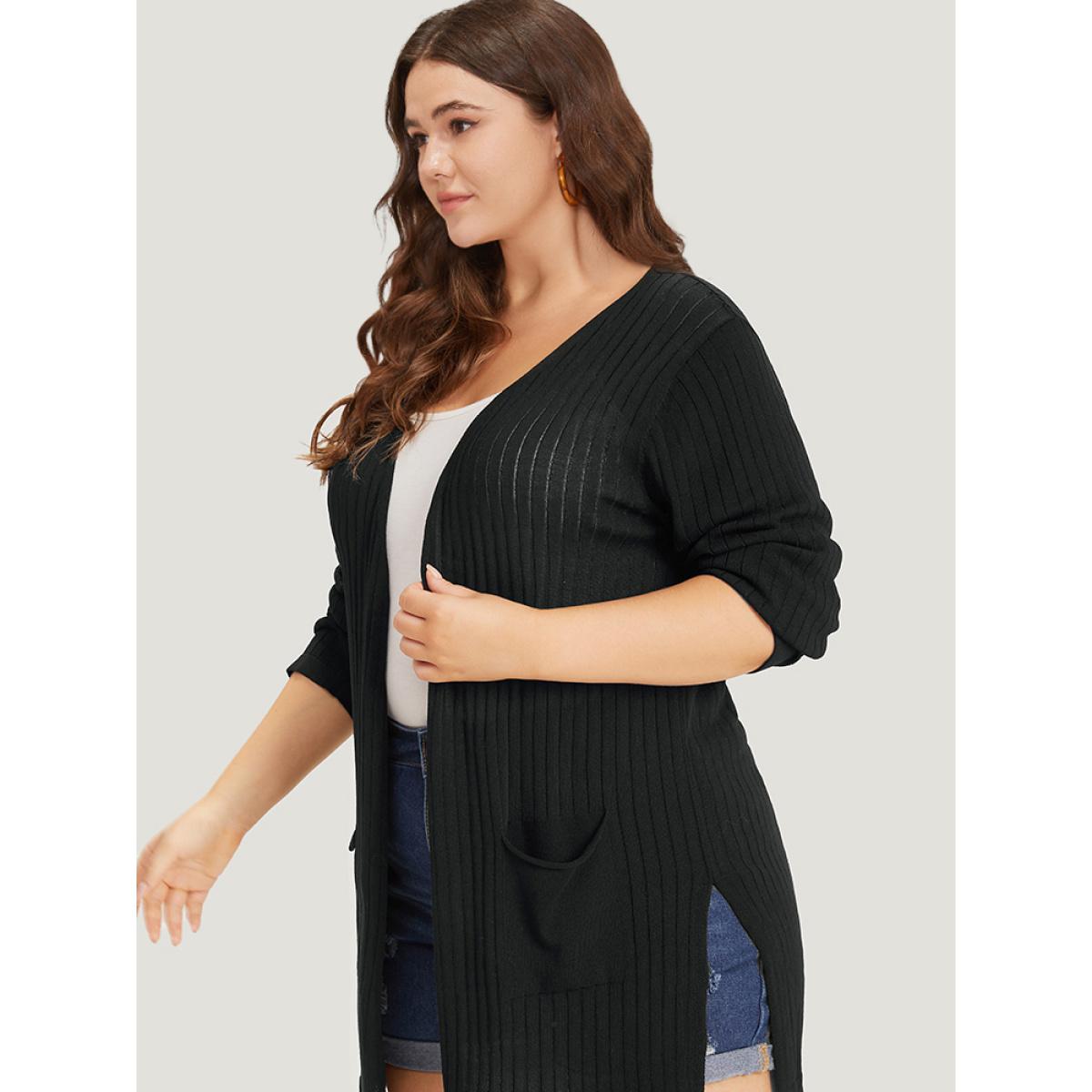 Plus Size Solid Rib Knit Pocket Lightweight Tunic Cardigan Black Women Basics Loose Long Sleeve Everyday Cardigans BloomChic 10/M Product Image