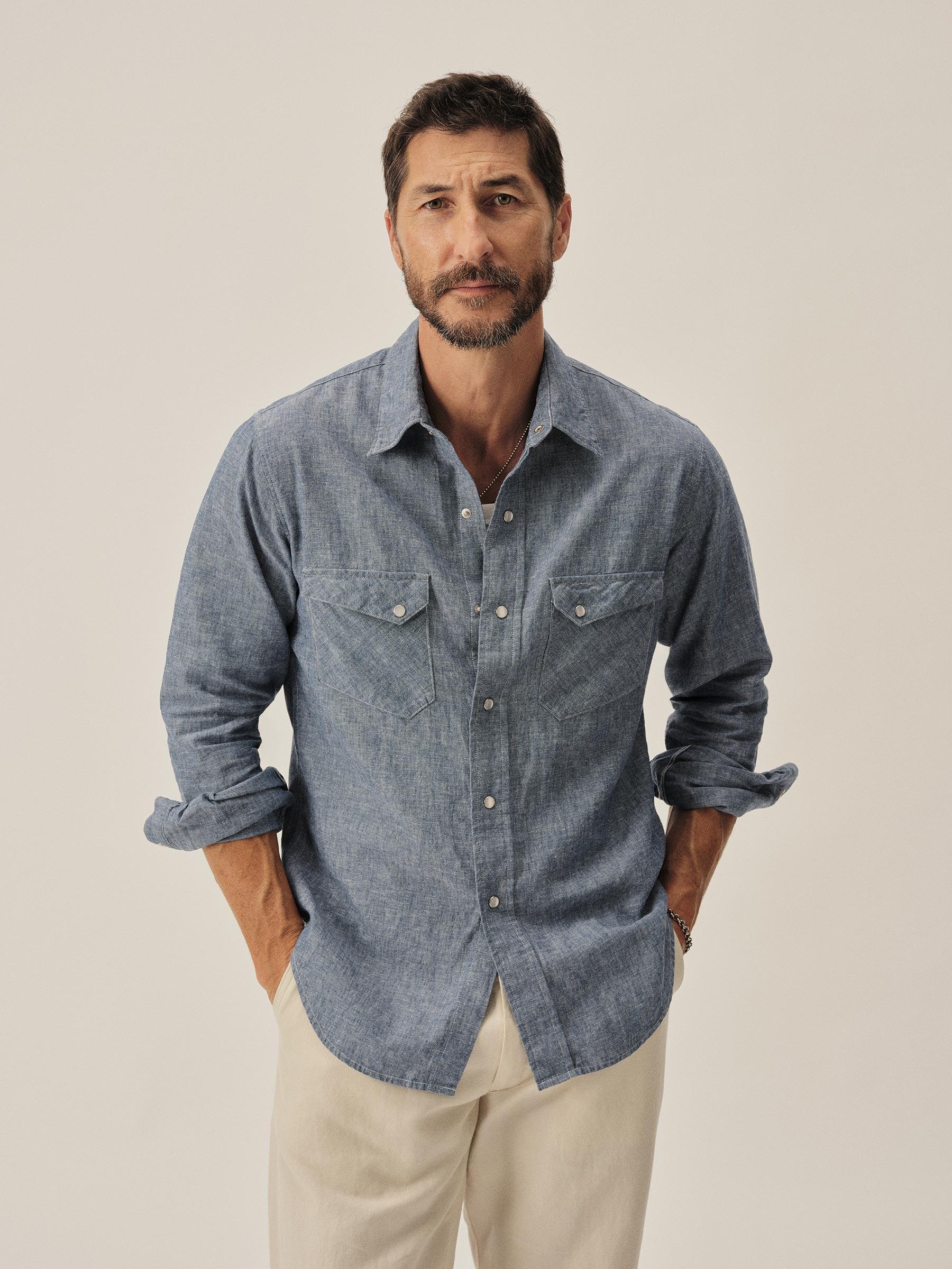 Light Blue End on End Linen/Cotton Pacific Drifter Western Shirt Product Image