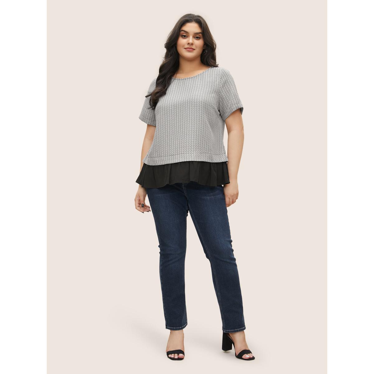 Plus Size Black Tweed Patchwork Ruffle Hem Blouse Women At the Office Short sleeve Round Neck Work Blouses BloomChic 18-20/2X Product Image