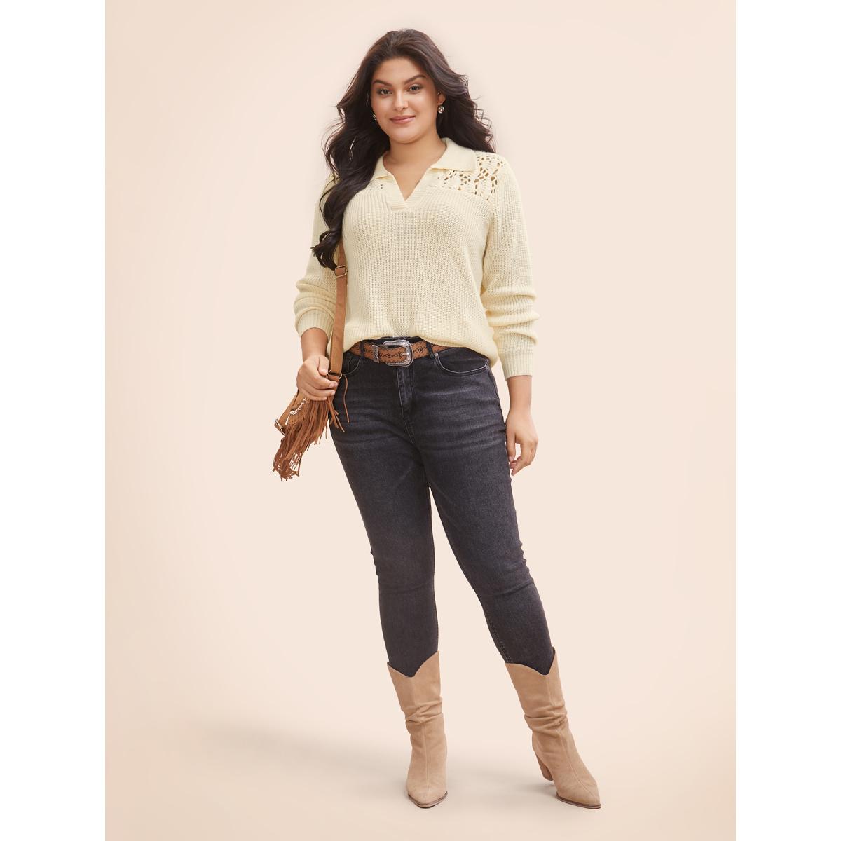 Plus Size Hand Crocheted Polo Collared Pullover Beige Women Leisure Long Sleeve Polo Casual Pullovers BloomChic 28/5X Product Image