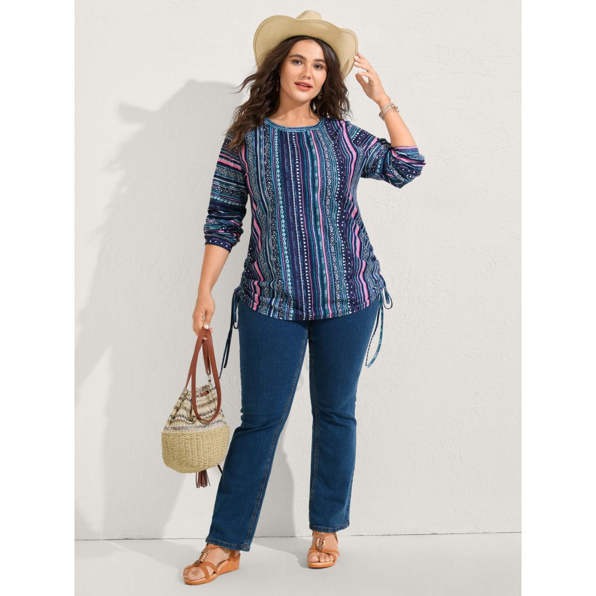 Plus Size Striped Drawstring Color Contrast Sweatshirt Women DarkBlue Boho Round Neck Vacation Sweatshirts BloomChic 26/4X Product Image