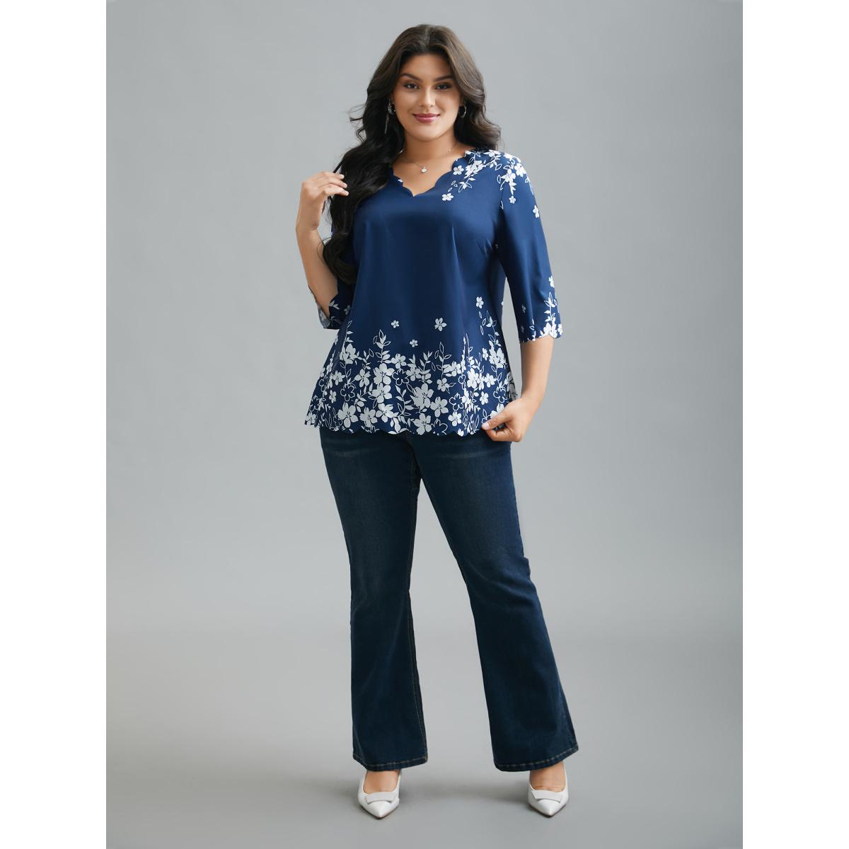 Plus Size Indigo Laser Cut Floral Boho Print Blouse Women Elegant Elbow-length sleeve V-neck Everyday Blouses BloomChic 28/5X Product Image