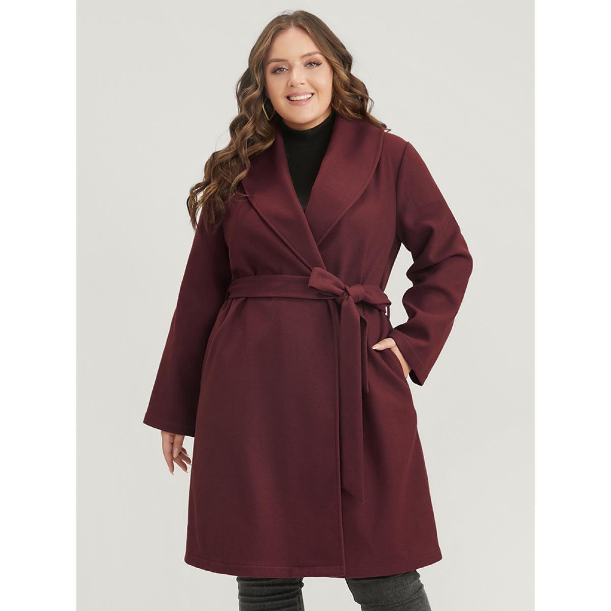 Plus Size Solid Lapel Collar Belted Pocket Coat Women Burgundy Casual Cross straps Ladies Dailywear Winter Coats BloomChic 28/5X Product Image