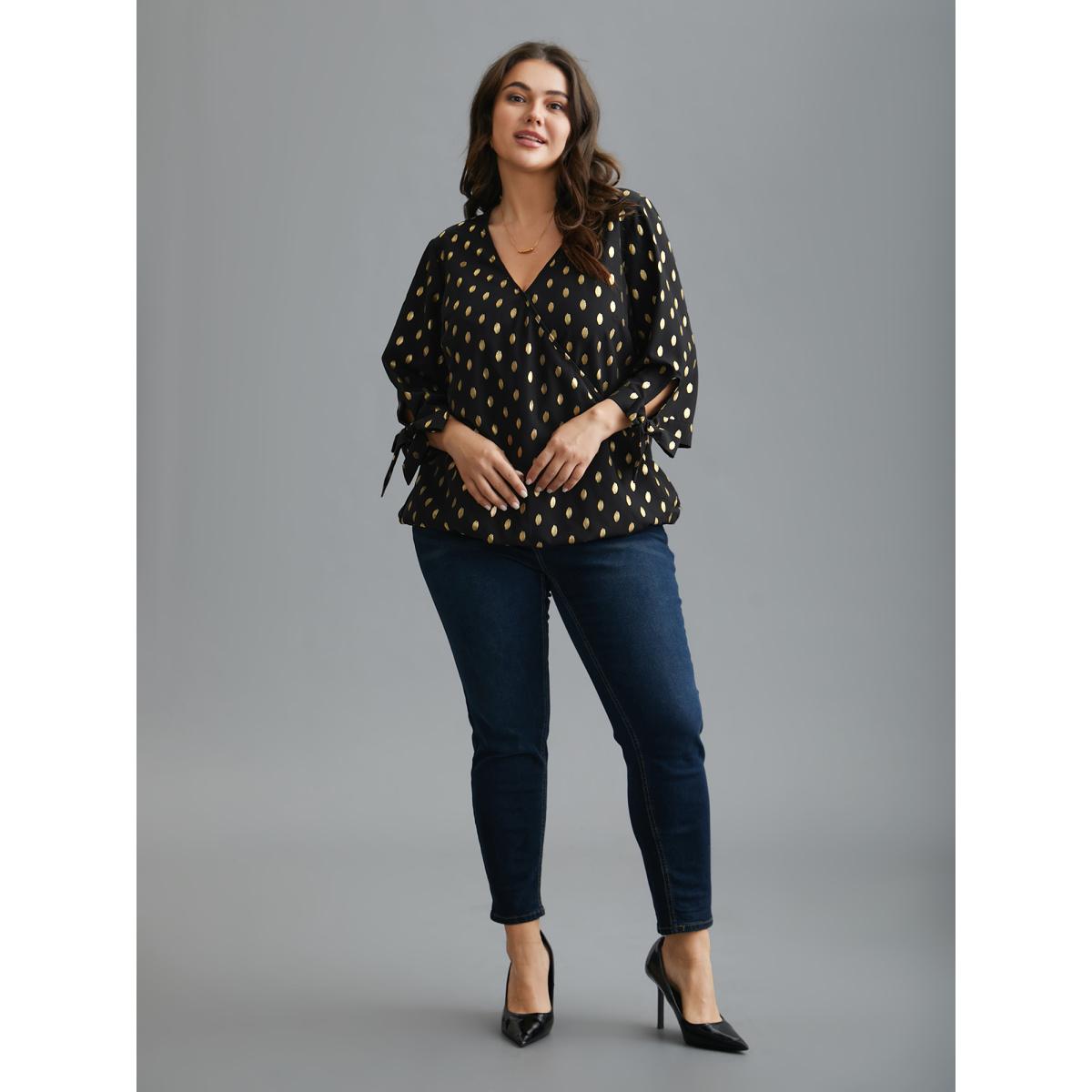 Plus Size Black Glitter Overlap Collar Tie Knot Blouse Women Cocktail Elbow-length sleeve Overlap Collar Party Blouses BloomChic 28/5X Product Image