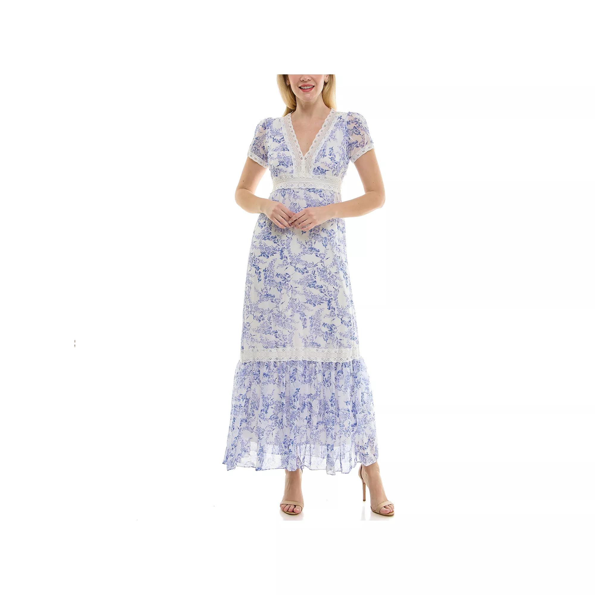 Women's Taylor Tiered V-Neck Fit & Flare Lace Detail Maxi Dress, Size: 4, Ivory Academy Blue Product Image