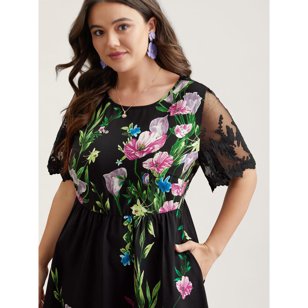 Plus Size Floral Print Flared Sleeve Spliced Midi Dress Black Women Elegant See through Round Neck Short sleeve Curvy BloomChic 14-16/1X Product Image