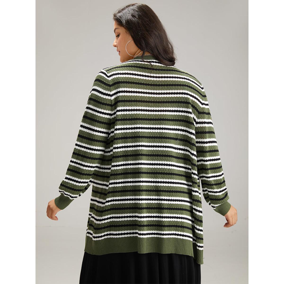 Plus Size Striped Contrast Elastic Cuffs Button Through Cardigan Multicolor Women Glamour Loose Long Sleeve Dailywear Cardigans BloomChic 10/M Product Image