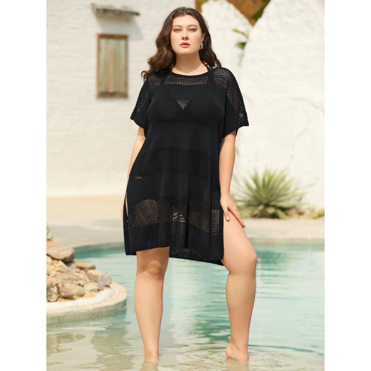 Plus Size One-Sided Drawstring Hollow Knit Swim Cover-Up Women's Swimwear Black Beach Loose Cut-Out Curve Swim Cover Ups BloomChic 10/M Product Image