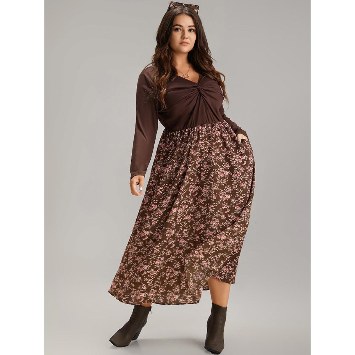 Plus Size Twist Front Ditsy Floral Patchwork Dress DarkBrown Women Elegant Elastic cuffs V-neck Long Sleeve Curvy Midi Dress BloomChic 30/6X Product Image