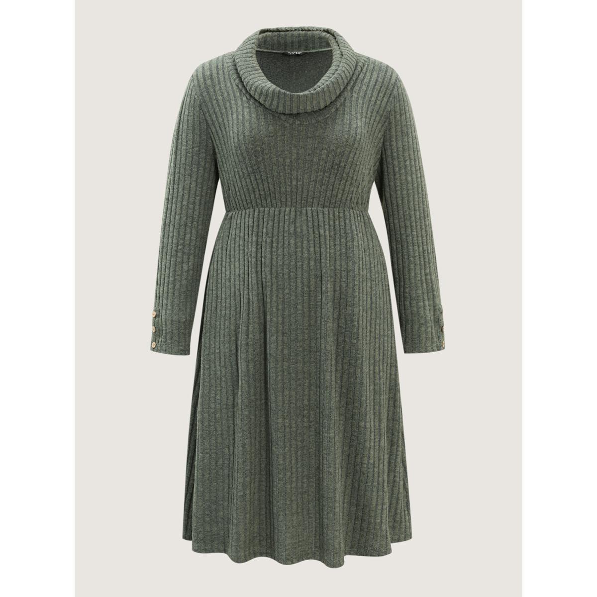 Plus Size Cowl Neck Ribbed Fitted Knit Dress DarkSlateGray Women Leisure Texture Ruffled collar Extra Long Sleeve Curvy BloomChic 12/L Product Image