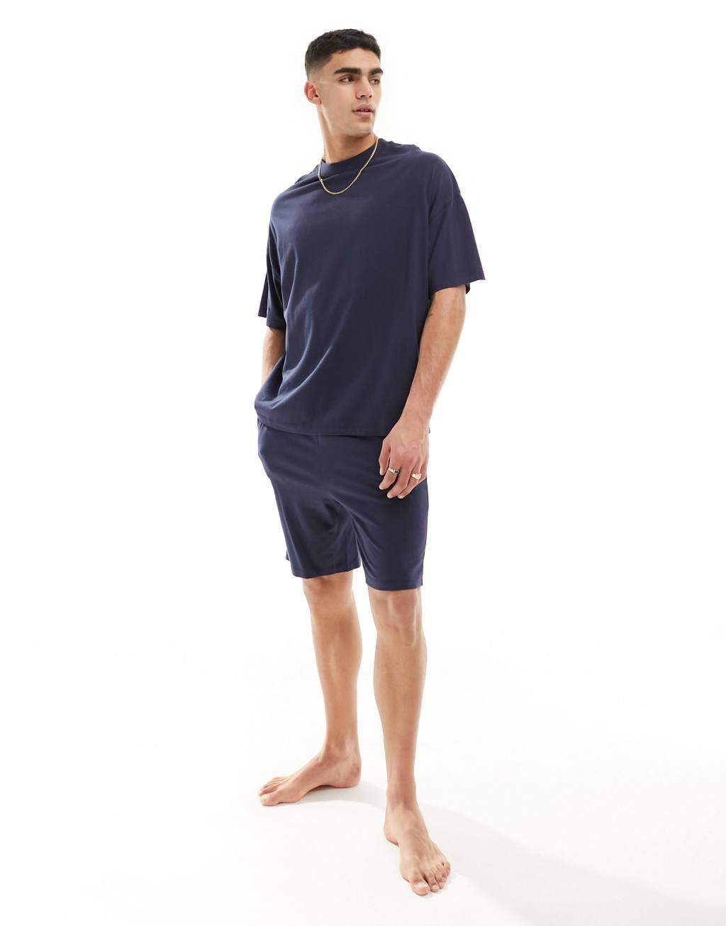 ASOS DESIGN pajama set with oversized t-shirt and shorts in jersey in blue Product Image