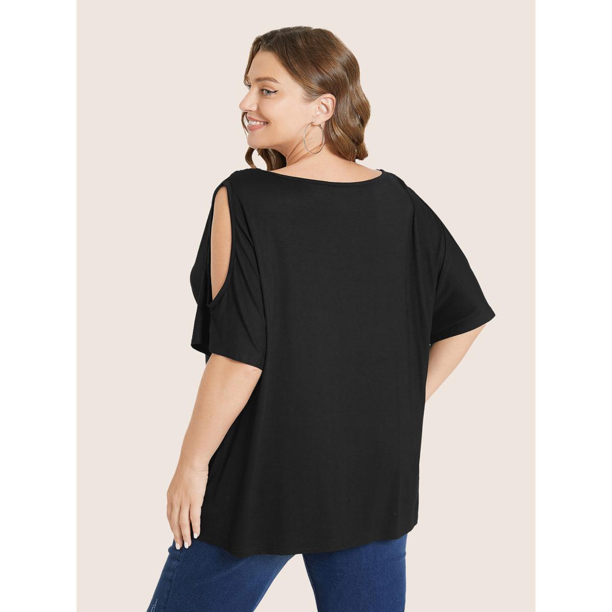 Plus Size Plain Cut Out V Neck T-shirt Black Women Elegant Cut-Out Plain V-neck Everyday T-shirts BloomChic 22-24/3X Product Image