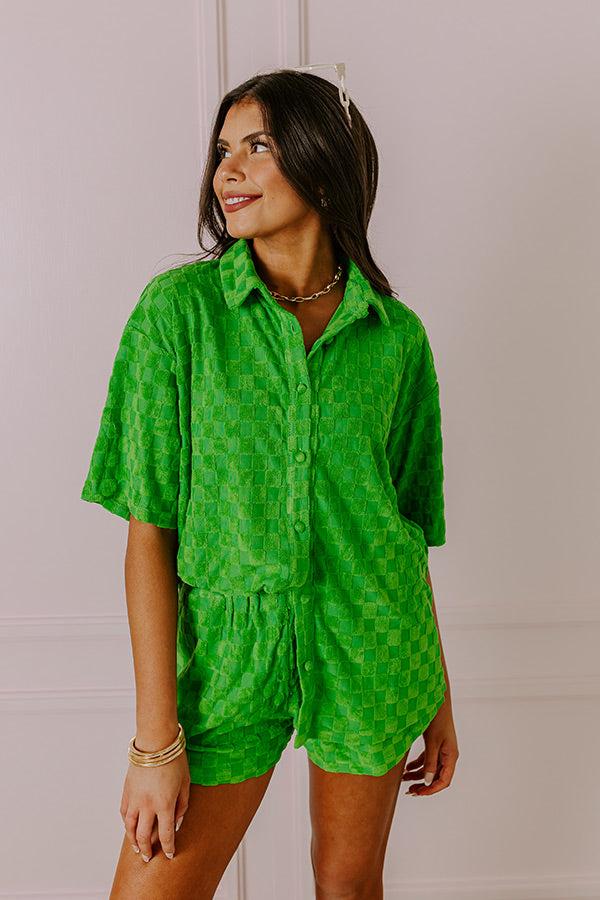 Pulling It Together Terry Cloth Button Up In Kelly Green Product Image