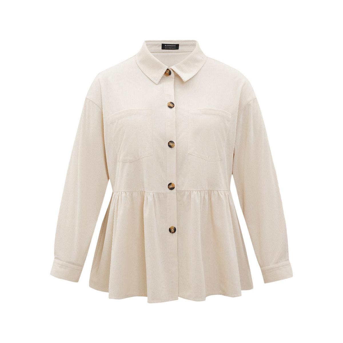 Plus Size Plain Shirt Collar Button Through Ruffle Hem Pocket Coat Women Beige Button Pocket Dailywear Jackets BloomChic 28/5X Product Image