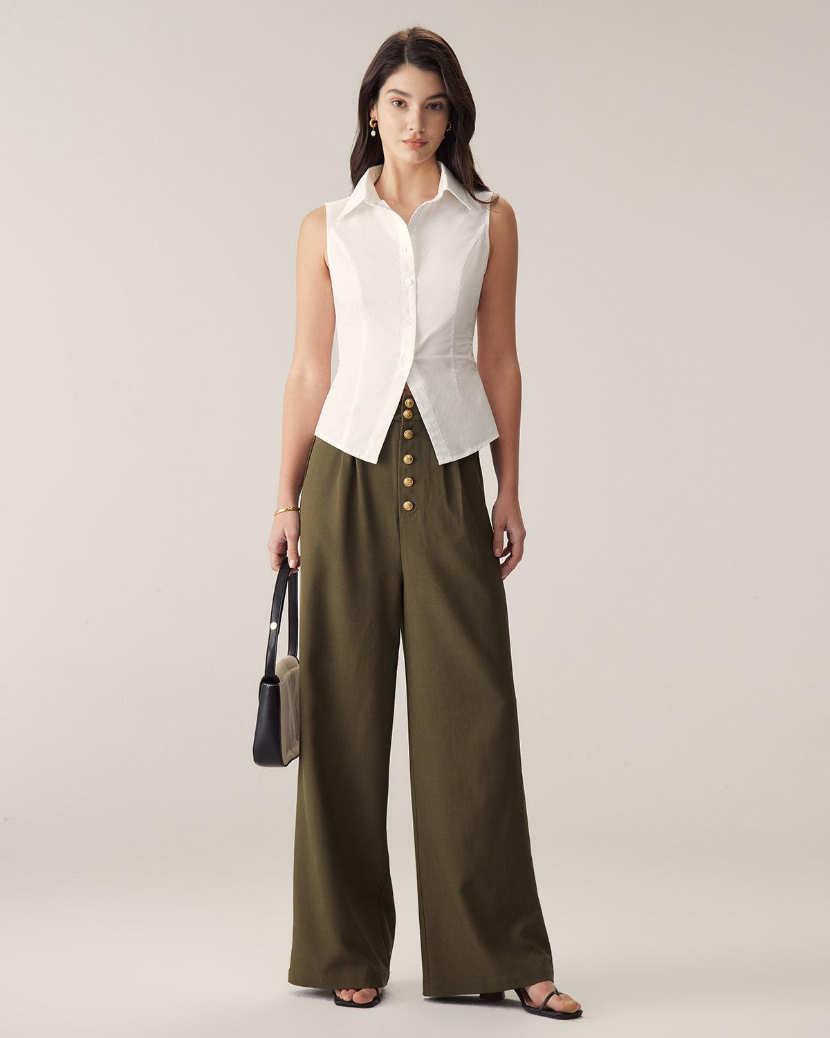 Green High-Waisted Straight Wide-Leg Pants Product Image